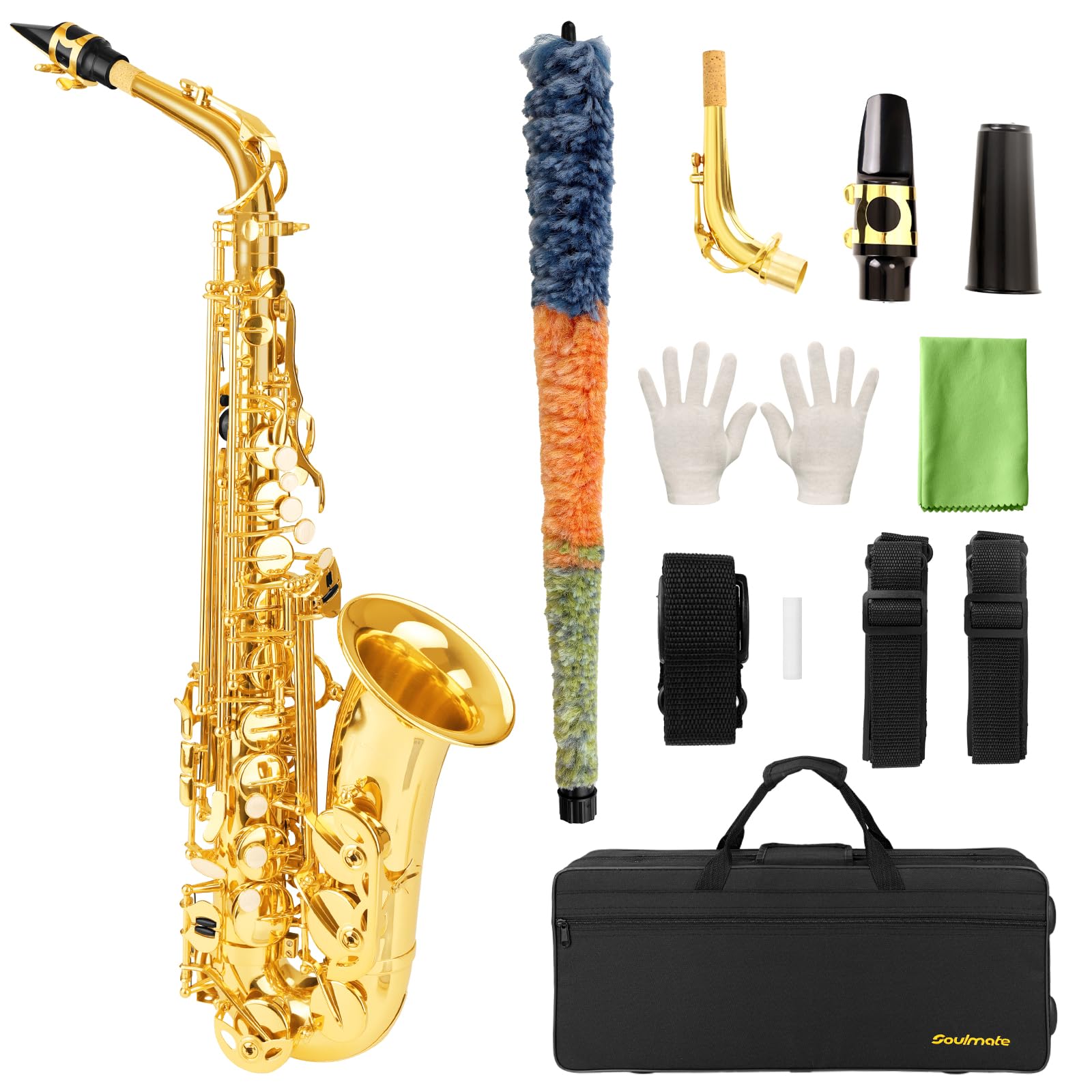 Soulmate Alto Saxophone E Flat Beginner Saxophones with Case, Mouthpiece, Reeds & Cloths,Straps-Gold Color