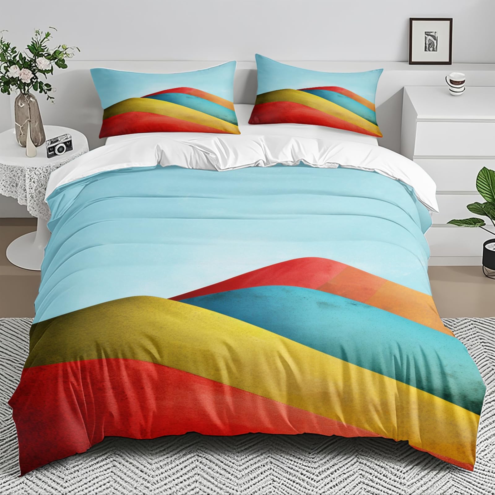 Housse de couette 140x200 bleu ciel et rouge en microfibre avec 2 taies d'oreiller