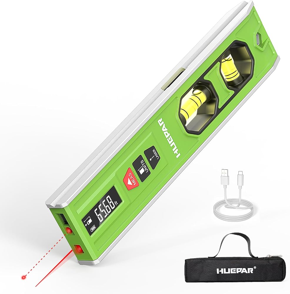 Huepar 3-in-1 Laser Level/Laser Distance Measure/Magnetic Torpedo Level | 9in Spirit Level with LED Display and Lighted Bubble, 65Ft Distance Measure, USB-C Charging Magnetic Laser Level Tool - VJ10
