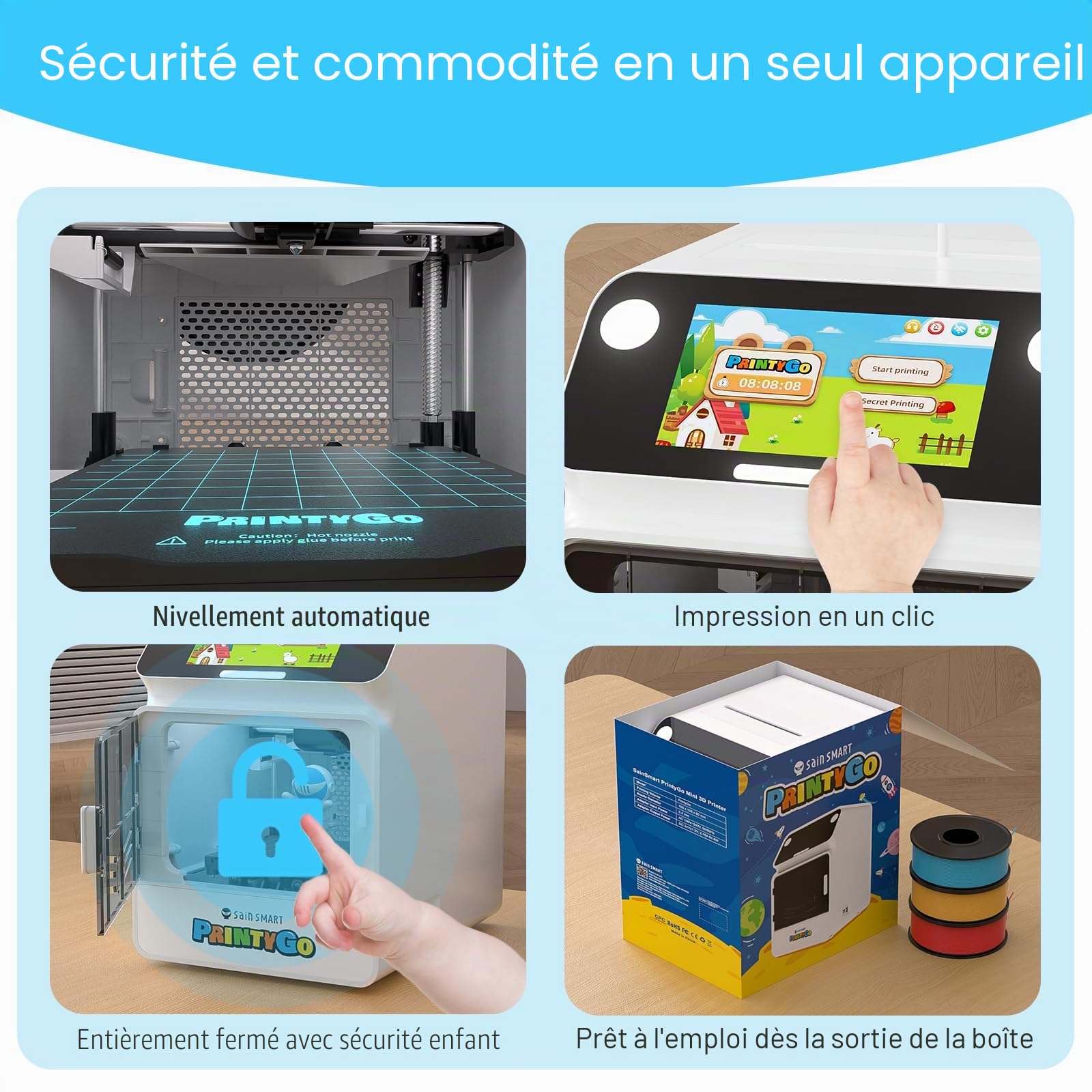 Imprimante 3D PrintyGo Mini pour Enfants, 600 mm/s, nivellement Automatique, idéale pour Les débutants, Conception sécurisée pour Les Enfants, contrôle Wi-FI/Application, Cadeau éducatif STEM