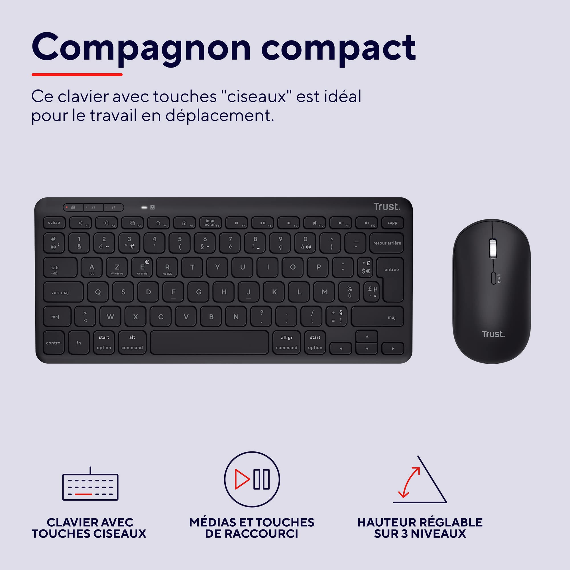 Trust Lyra Pack Clavier et Souris sans Fil Bluetooth AZERTY Français, Noir