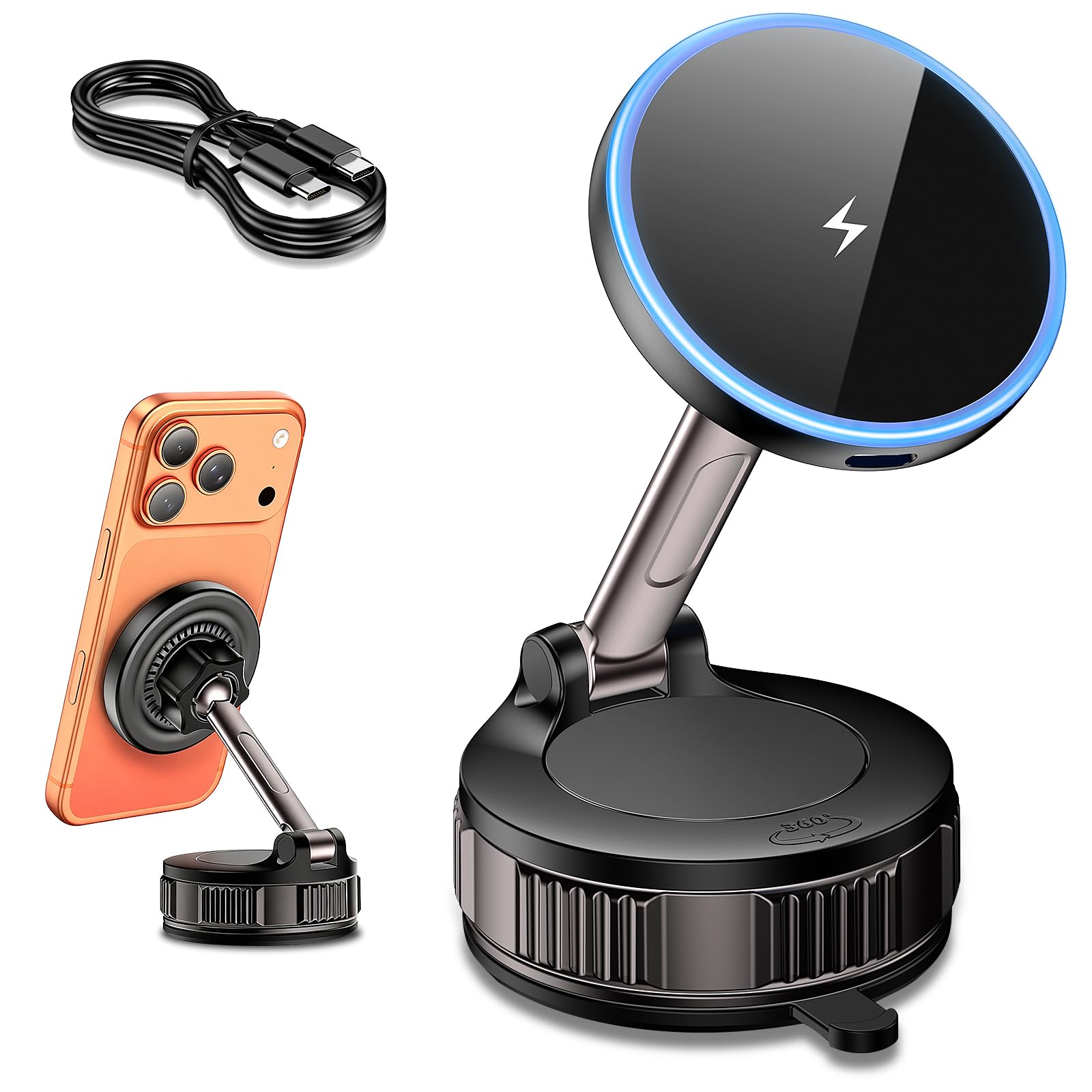 15W for MagSafe Car Mount Charger, Magnetic Wireless Car Charger, Strongest Vacuum Suction & Strongest Magnetic, 360° Adjustable Car Phone Holder Mount for iPhone 17 16 15 14 13 12 Series, Samsung S26