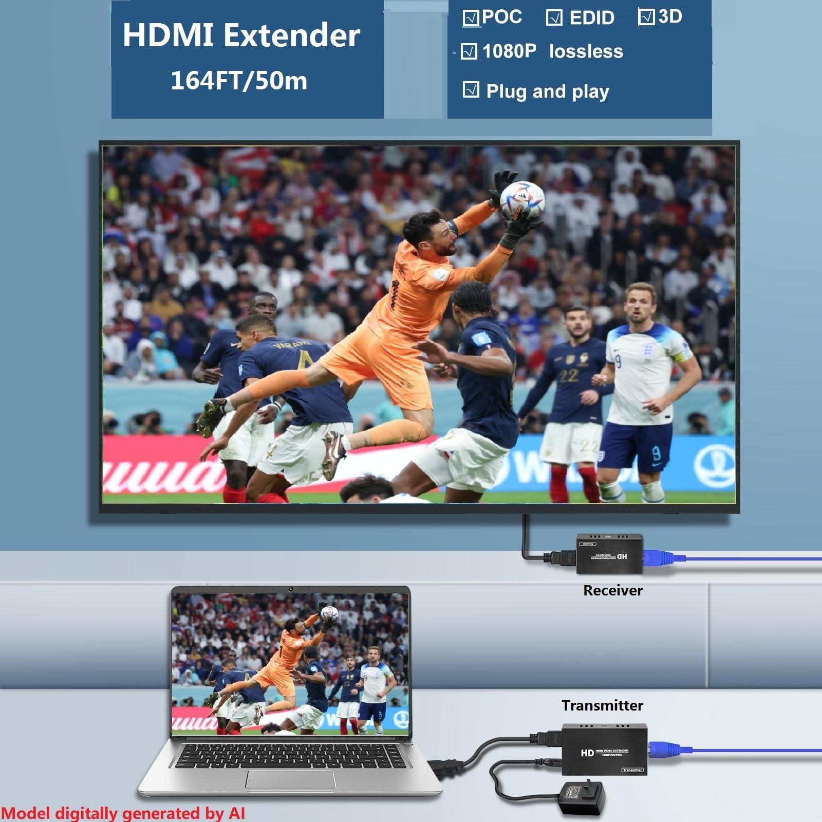 Rallonge HDMI, rallonge HDMI sur Cat5e/6 jusqu'à 50 m, extension vidéo 1080p @ 60 Hz, transmission audio et vidéo synchrone, prend en charge la copie EDID, POC, fonction 3D, transmission ultra