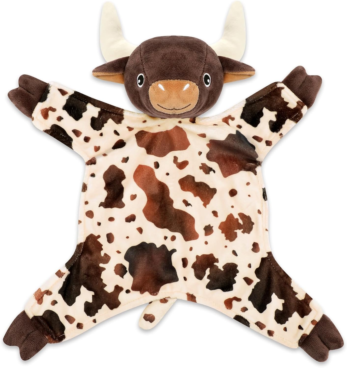Longhorn Baby Security Blanket Lovey Baby Shower Cow Spotted Cowhide Print Stuffed Cow Snuggler First Birthday Unisex Baby Plush Sleeping Plushie Items Nursery Newborn Gift
