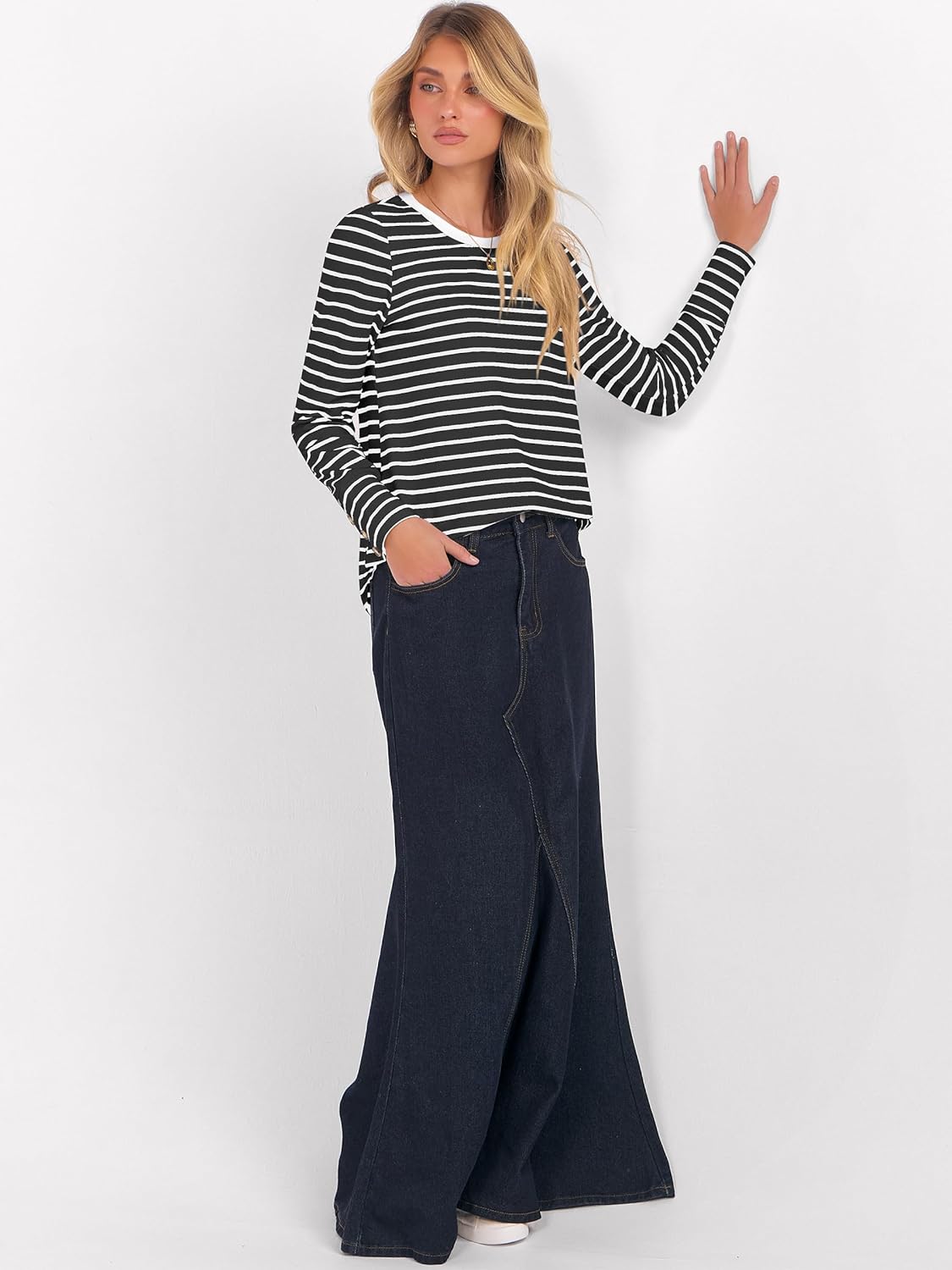 ANRABESS Long Sleeve Shirts for Women Crewneck Basic Tee Striped Tops 2025 Fall Casual Loose Fit T Shirts Fashion Outfits - Image 5