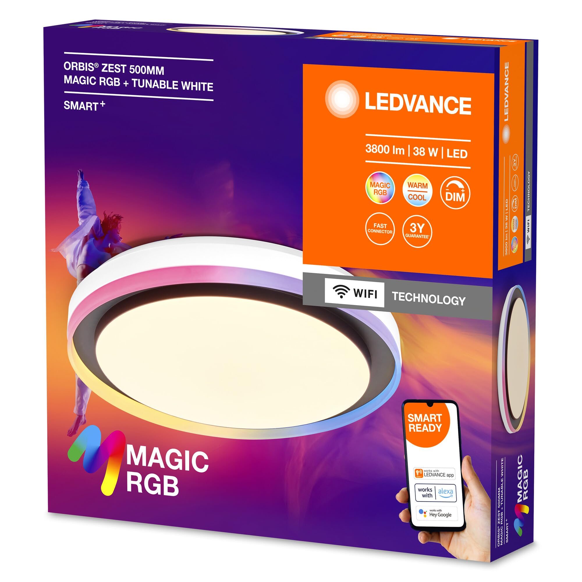LEDVANCE SMART + WIFI Plafón LED, blanco/negro, 32W, 3400lm, función de luz blanca, regulable, efecto Magic-RGB, larga vida útil, fácil instalación, 2700-6500K