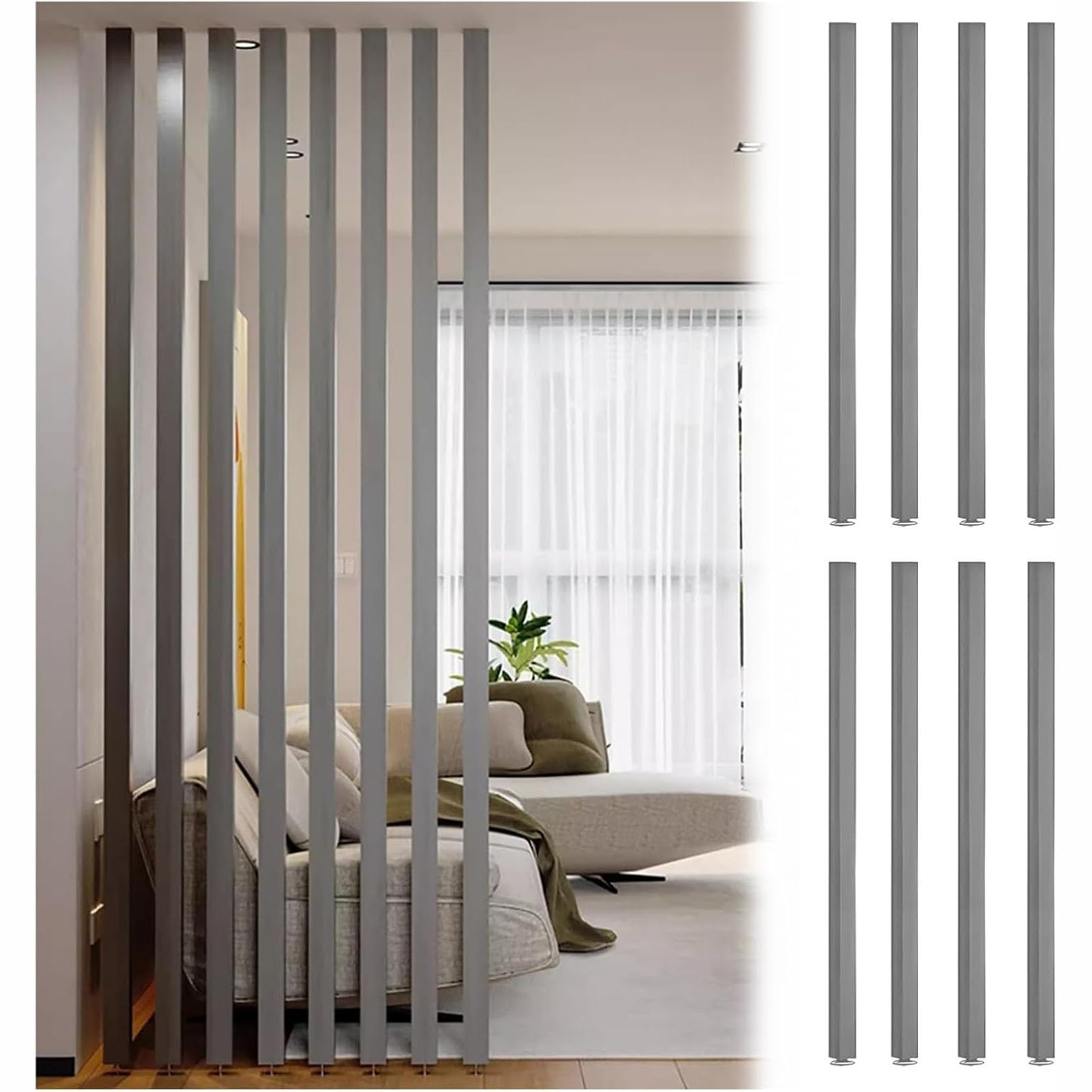 GLETSF 8 Pack Adjustable Height Room Divider Post - Gray Wood Slats Privacy Screen For Teahouse, Coffee Shop, Hotel, Study - Stylish Small Space Decor