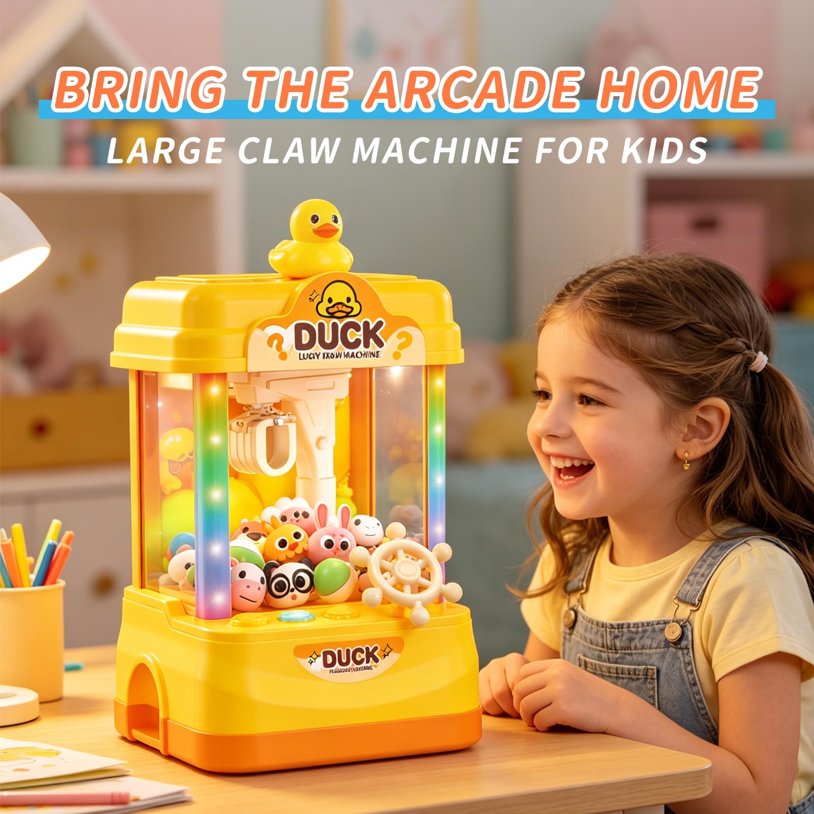 Macchina a forma di artiglio d'anatra per bambini, distributore automatico di giocattoli con premi in peluche, età 3+ | Grande gioco a premi arcade da 33 cm con luci, musica, capsule e comandi facili per feste di compleanno e giochi in famiglia.