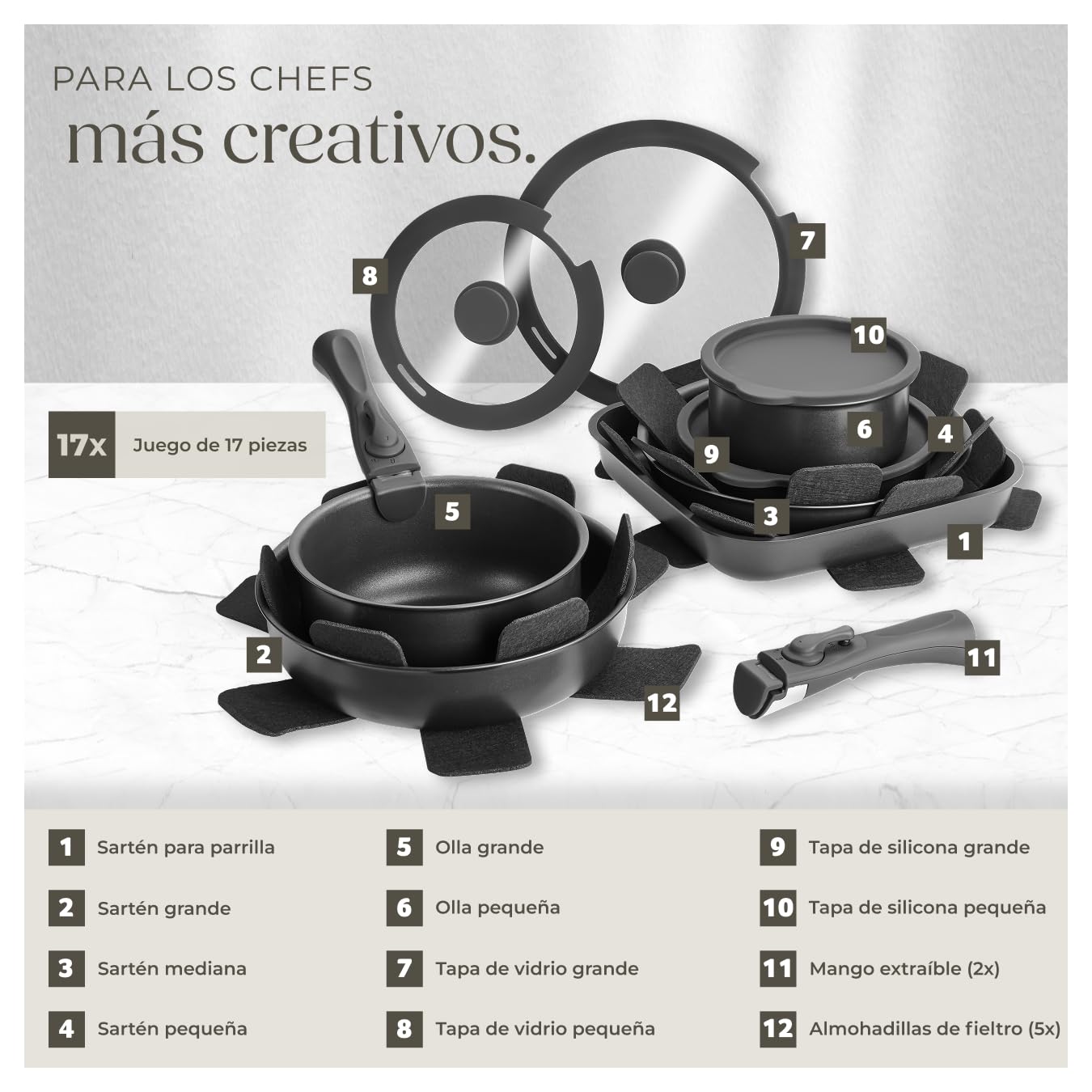 tectake® Juego de Cocina 17 Piezas, Sartenes Antiadherentes, Ollas Cocina Aptas para Inducción, Juego Sartenes con Asas Desmontables, Olla, Cacerola, Sarten - Negro