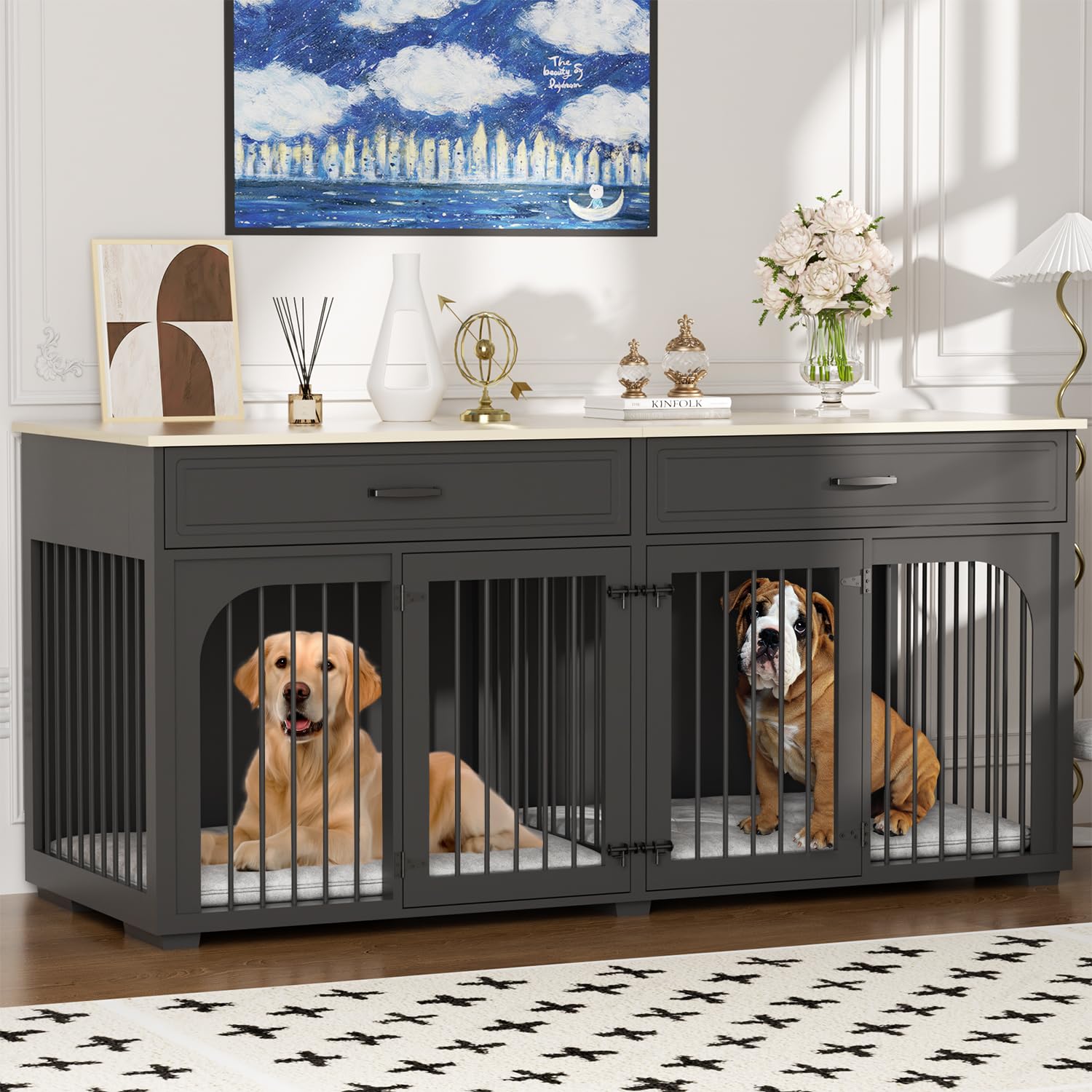 EBE Dog Crate Furniture, 74.8''Wooden Dog Crate with 2 Drawers and Removable Divider, Heavy Duty Dog Kennel Indoor TV Stand for Large Medium Dogs, Black