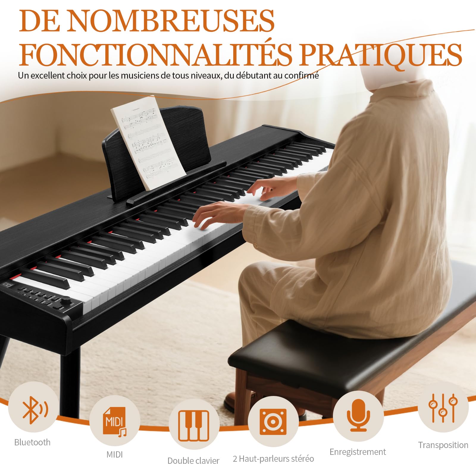 LEADZM Piano Numérique 88 Touches avec Support en Métal, Clavier Piano Semi-Lesté, Piano Electrique avec 3 Pédales, Adapté aux Débutants (Noir)