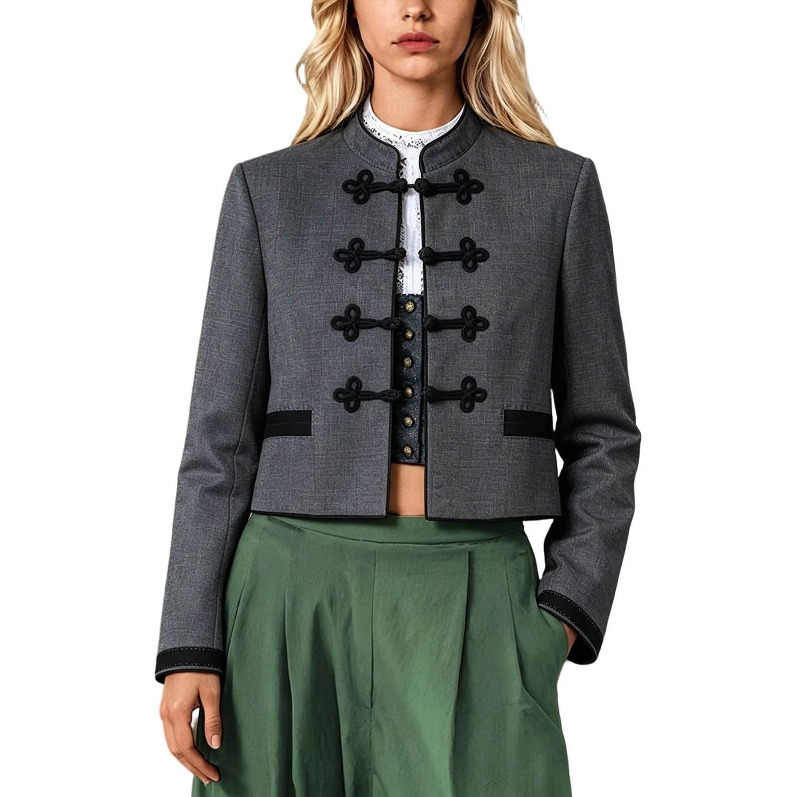 Trachtenjanker Damen Kurze Trachtenjacke mit Stehkragen Elegante taillierter Trachtenblazer Vintage Langarm Dirndl Jacke Traditioneller Oktoberfest Cardigan Klassischer Trachten Janker