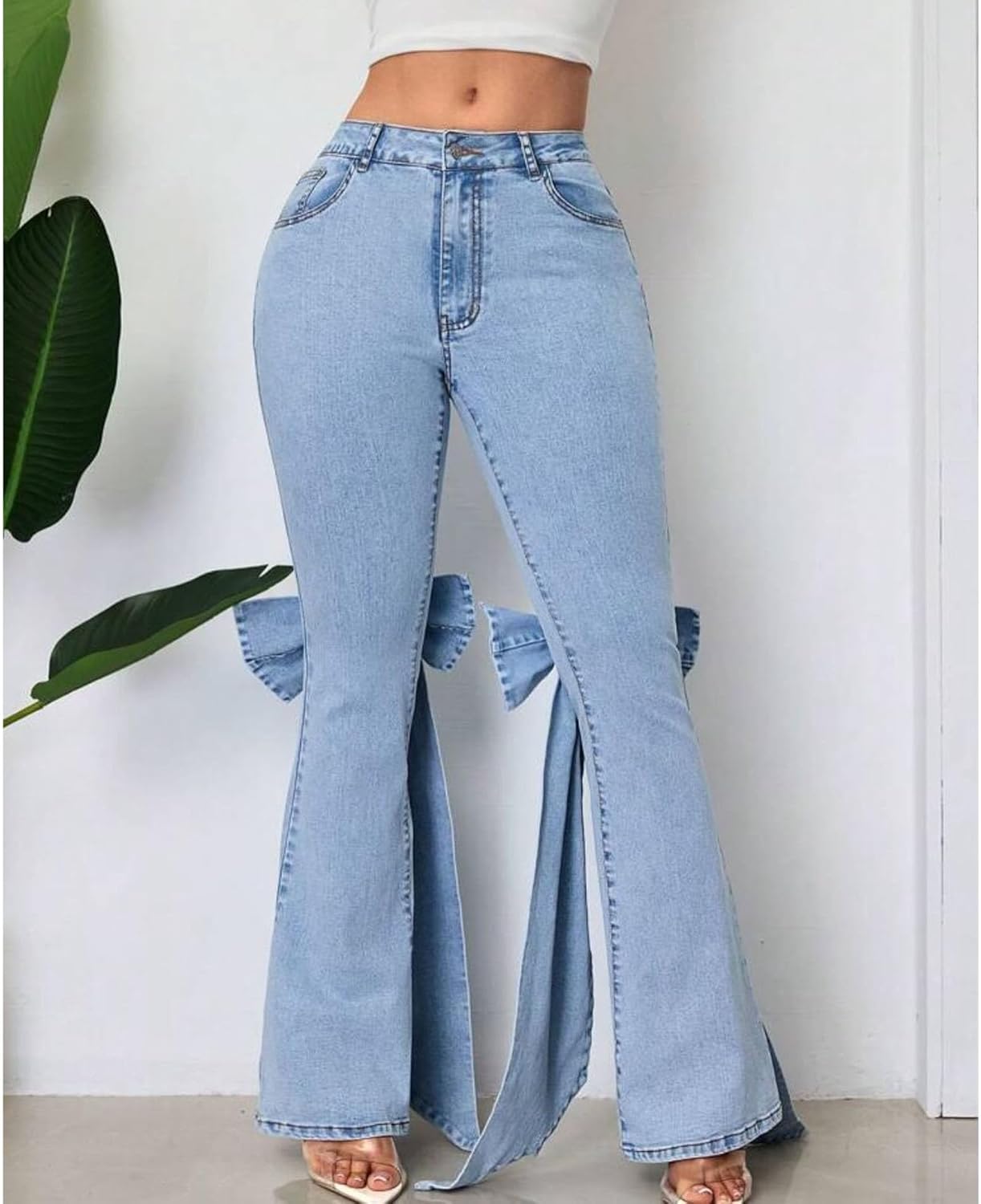 Raboolion Womens Fashion Y2K Bodycon Bell Bottom Jeans High Waist Curvy Stretchy Denim Pants with Bow Tie Design