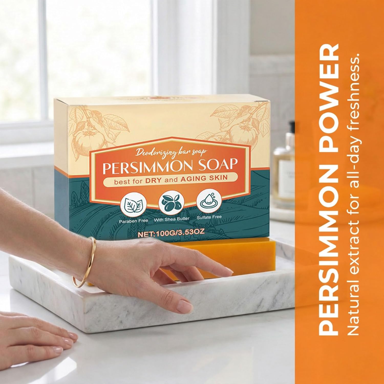 Deodorizing Persimmon Soap Bar, Natural Persimmon Extract Body Cleanser, Deep Cleansing Bath Bar for Underarms, Feet & Full Body, Moisturizing Daily Shower Soap for Men & Women (3PCS)