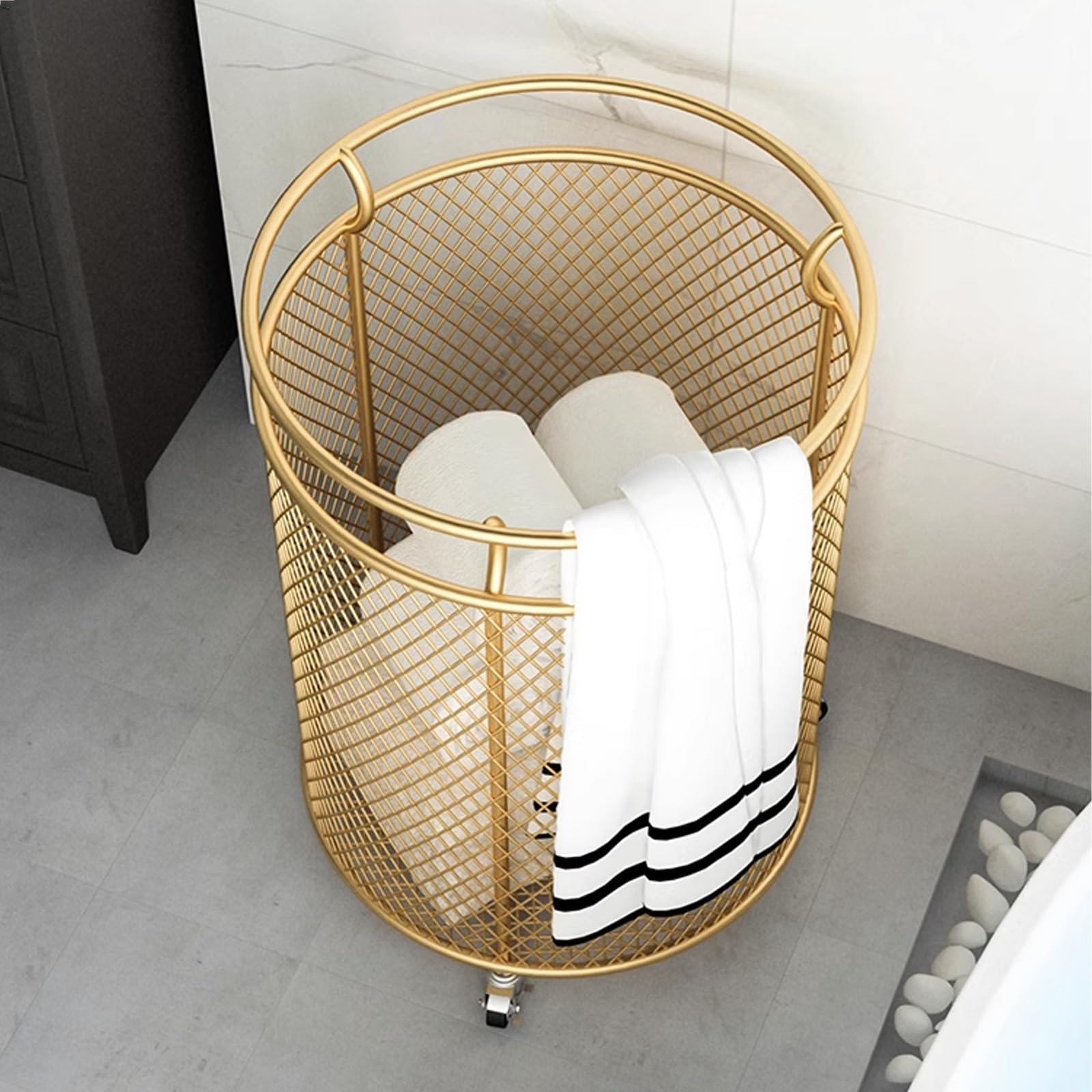 Carrello portabiancheria con rotelle, Cesto portabiancheria in Metallo, Contenitore per Vestiti, Cesto portabiancheria per Soggiorno, Bagno, Armadio o Camera da Letto (Oro)