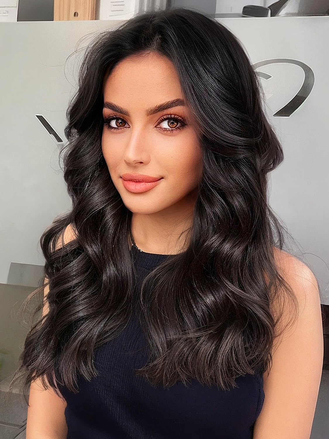 Nnzes Long Dark Black Wigs with Bangs for Women Medium Length Wavy Wigs with Curtain Bangs Natural Wig Heat Resistant Charming Synthetic Hair for