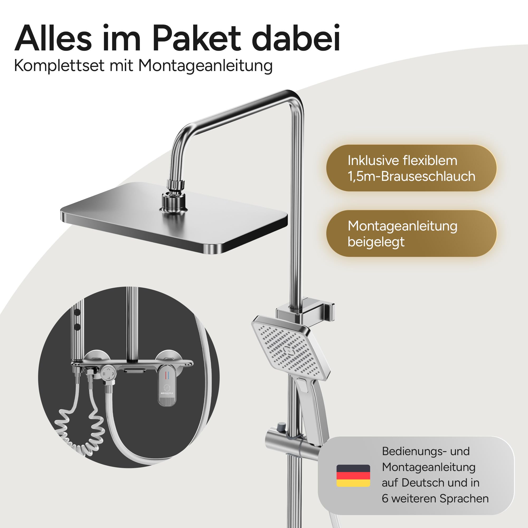 AquaNoble Aufputz Duschsystem mit Thermostat & Ablage – Duscharmatur Komplettset mit Regendusche, 3-Funktionen Handbrause, Wanneneinlauf/Wasserfall & Reinigungspistole, EasyClean Anti-Kalk, chrom