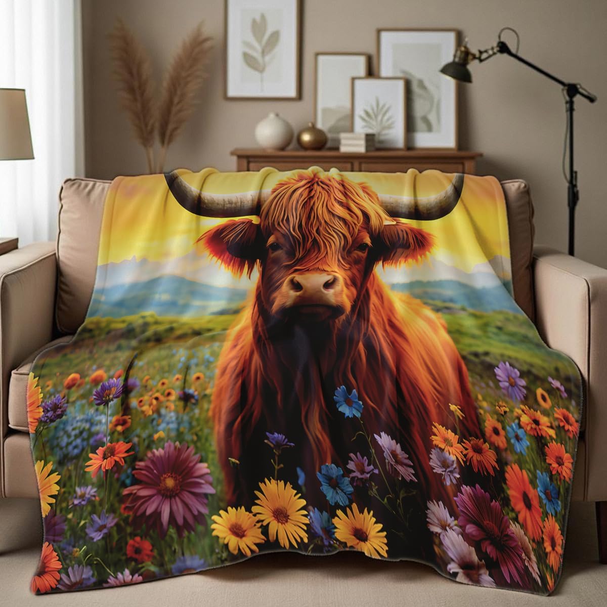 Printed Bed Blanket Cattle and Flower Throw Highland Cow Queen Size Flannel Blanket for Couch Sofa Travel Decor (49"x59")