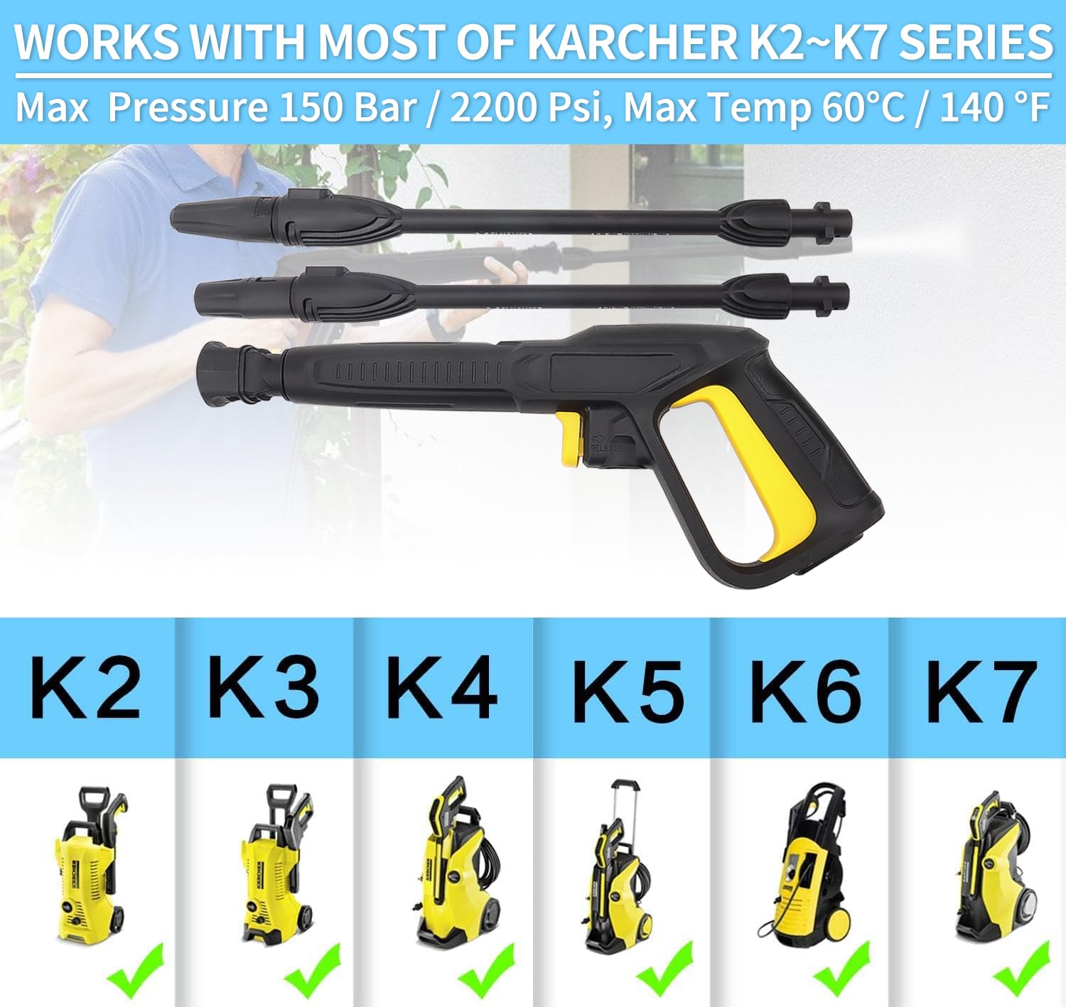 Ugello di ricambio per pistola a pressione per pistola ad acqua ad alta pressione con getto variabile lancia e lancia rotante, compatibile con idropulitrici Karcher K2 K3 K4 K5 K6 K7