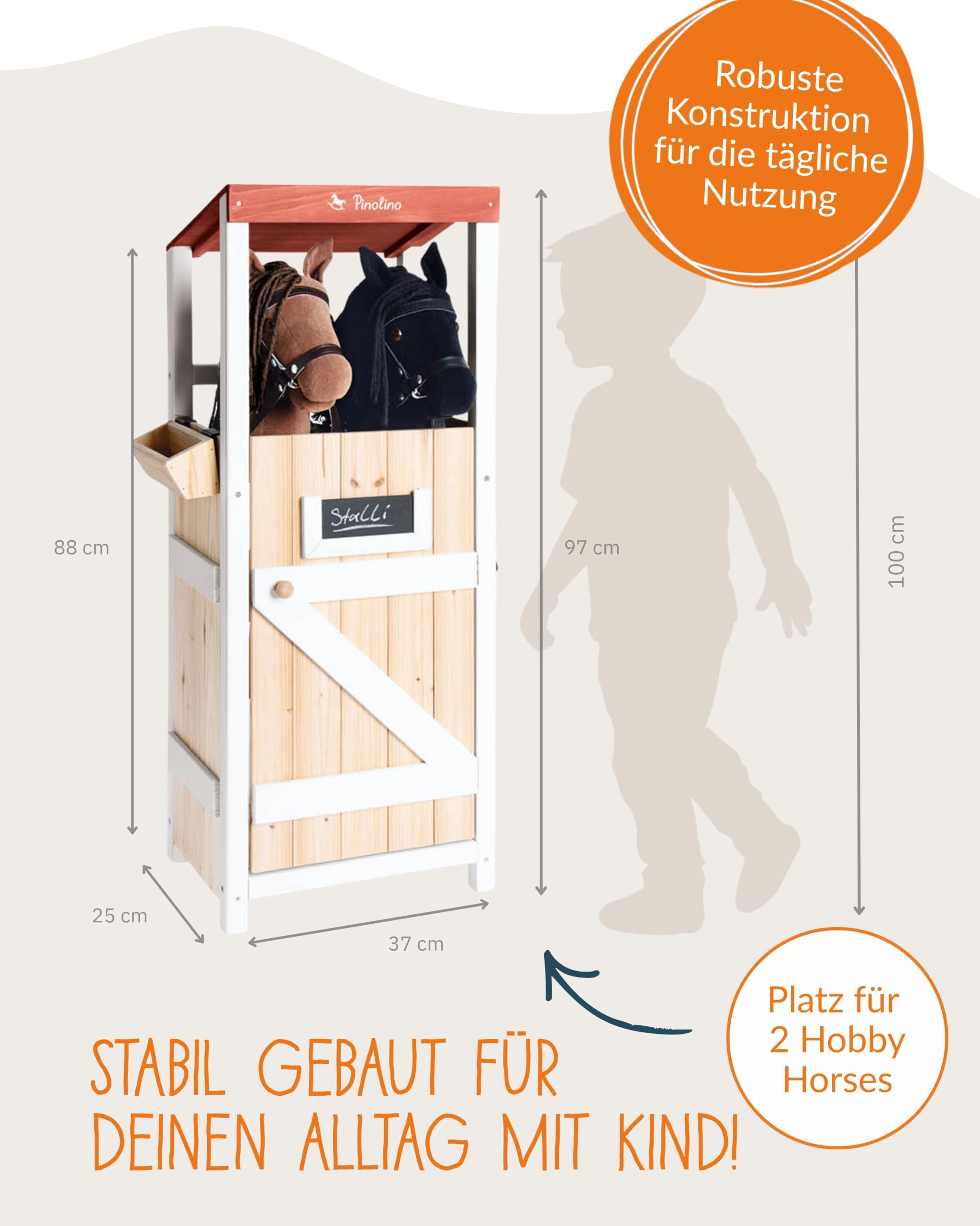 PINOLINO Hobby Horsing Stall Stalli für 2 Steckenpferde I Pferdestall aus Holz mit Futtertrog & Maltafel I Aufbewahrung & Spielstation für Kinderzimmer I Ab 3 Jahren I 37 x 26 x 97 cm
