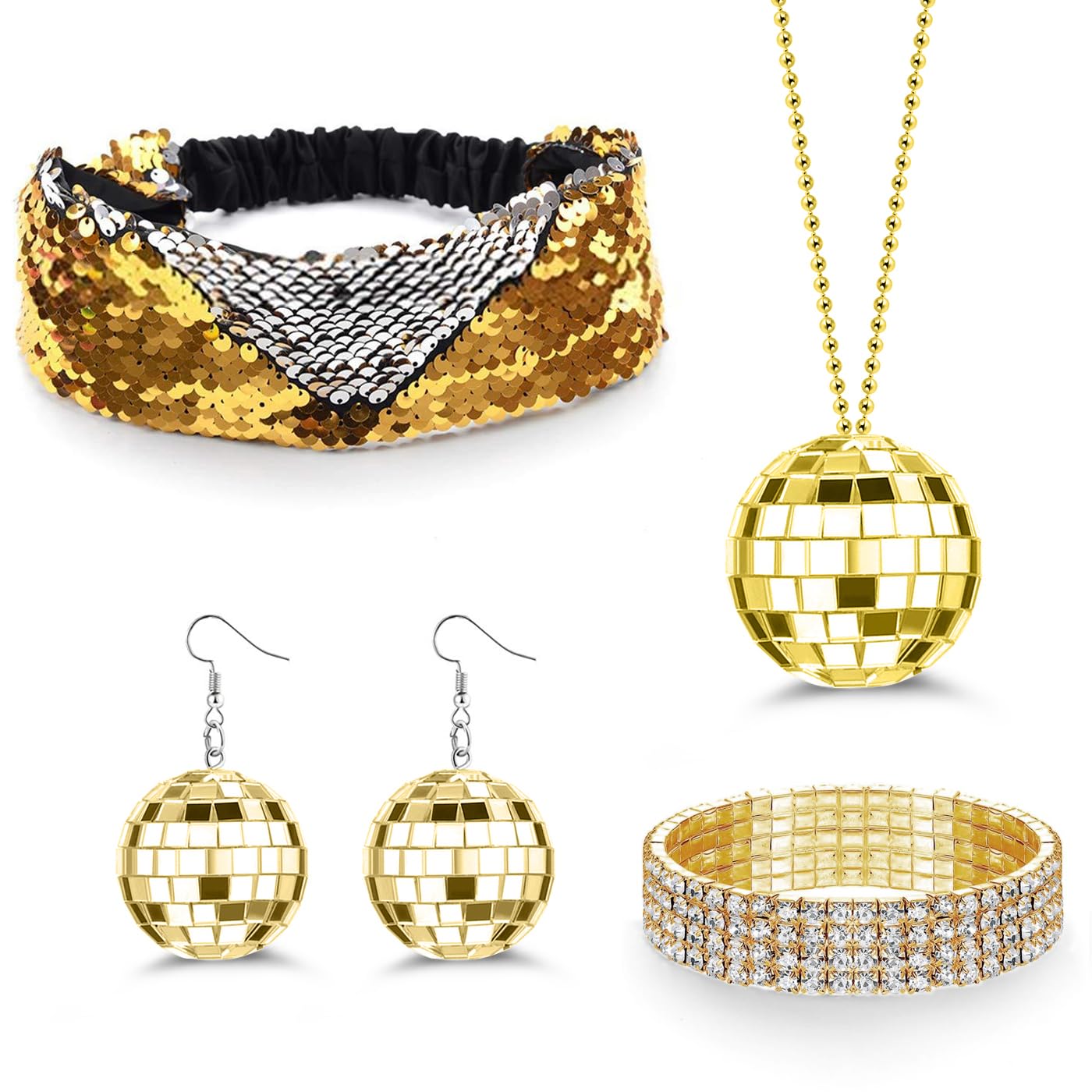 Acruccen 70s Disco Costume Accessories for Women Disco Ball Earrings Necklace Rhinestone Bracelets Headband 1970s Disco Outfits