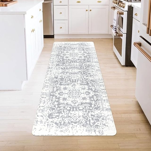 Homcomodar Vintage Hallway Rugs Non-slip 60x150cm Washable Kitchen Runners Low Pile Distressed Floor Carpet Runner Grey for Bedrom Kitchen Hallway Entrance Laundry Room
