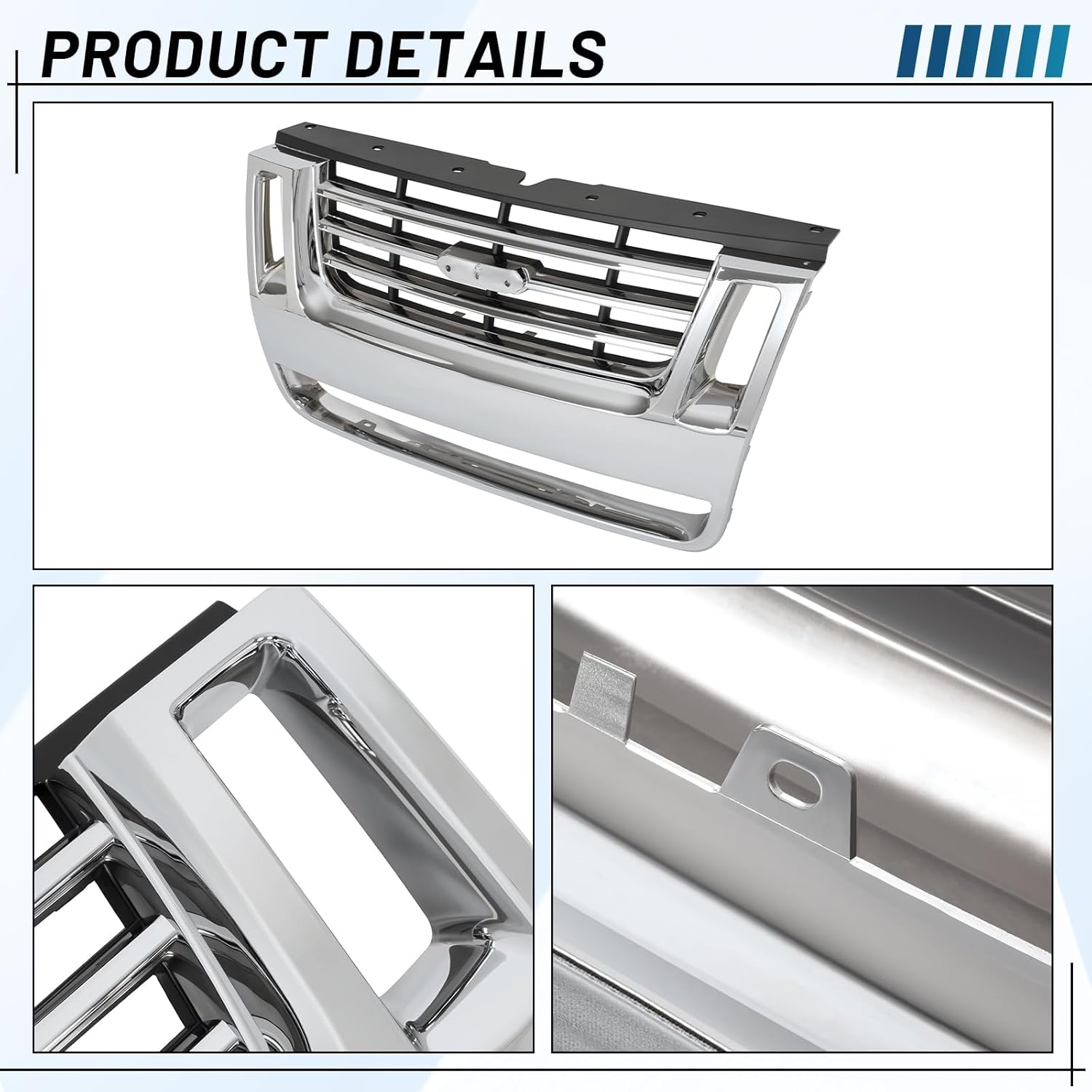 KUAFU Front Grill Compatible with 2006-2010 Ford Explorer, 2007-2010 Ford Explorer Sport Trac Replacement for FO1200476 Bumper Grille Plastic (ABS) Chrome Painted W/Side Openings 3-Bar