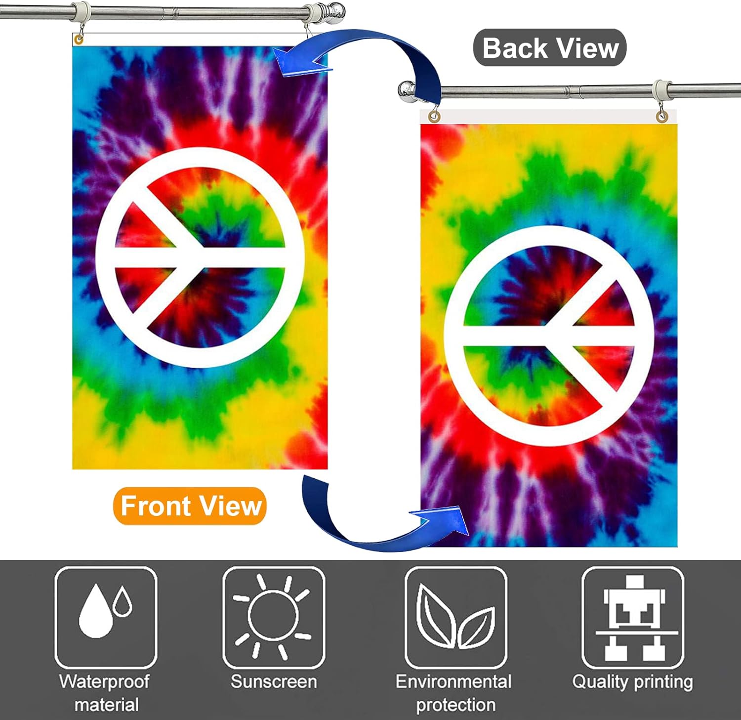 Tie Dye Peace Flag 3x5 Ft Outdoor, Double Sided Rainbow Hippie Flags For Outdoors Decorative, 3 Ply World Peace Sign Symbol Banner Flag Fabric Decor With UV Fade Resistant