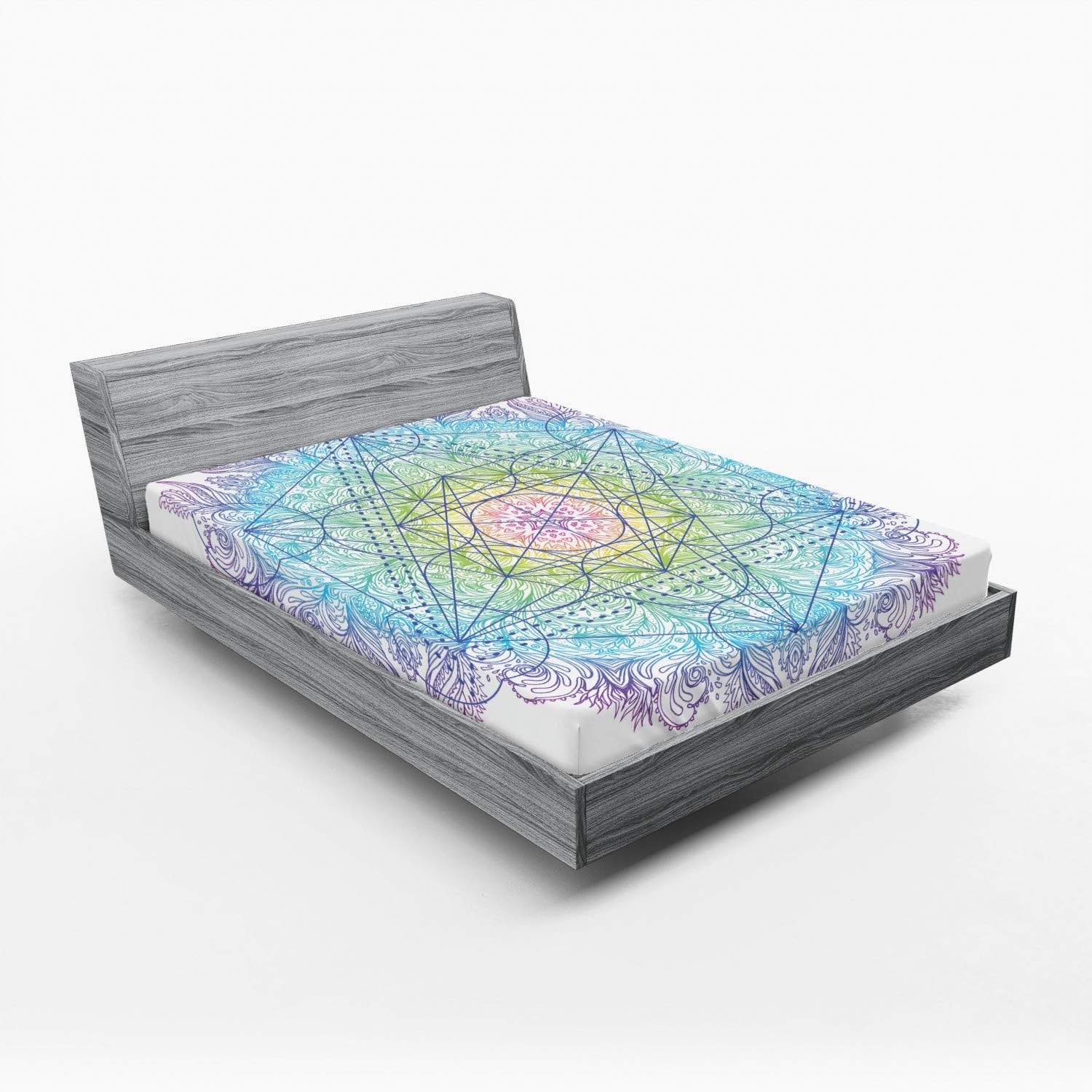 Ambesonne Ethnic Fitted Sheet, Mandala Round with Geometry Element Metatron Cube Alchemy Theme, Soft Decorative Fabric Bedding All-Round Elastic Pocket, Full Size, Blue Multicolor