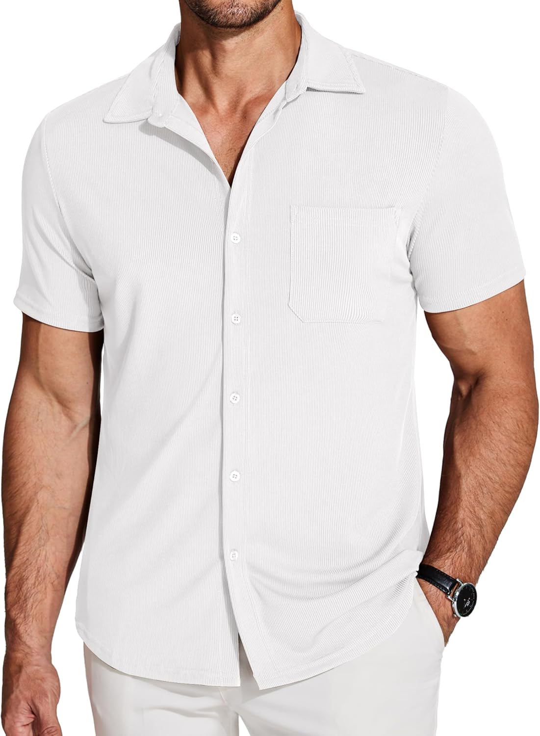 COOFANDY Men's Ribbed Button Down Shirts Short Sleeve Casual Shirt with Pocket Summer Beach Camp Tops