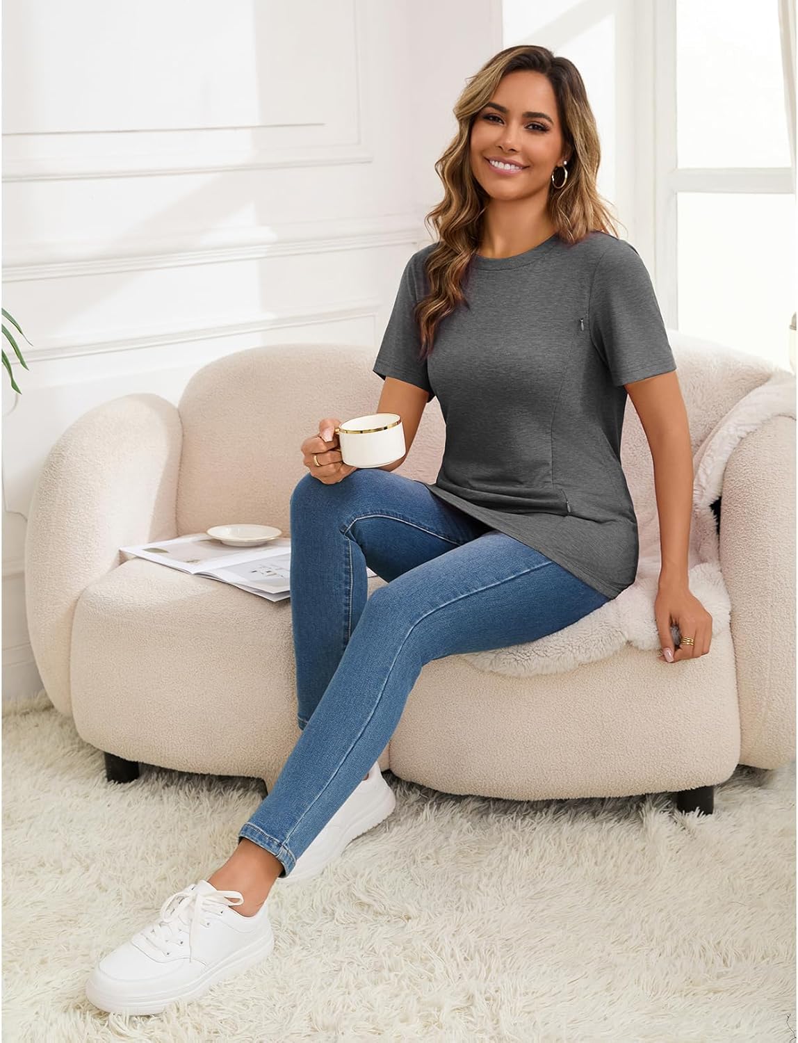 GINKANA Women's Nursing Shirts Short Sleeve Breastfeeding Tshirt with Hidden Zippers Loose Fit Nursing Tops - Image 3