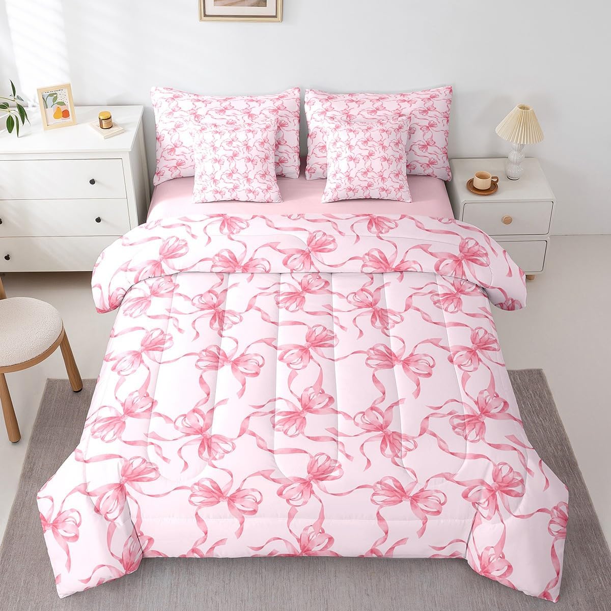 Feelyou Pink Bowknot Comforter Set with Sheets Dreamy Princess Bowknot 7 Piece Bedding Set Full Size Girls Bedroom Room Decor Cute Watercolor Pink Bow Girly Bed in a Bag Kawaii for All Season