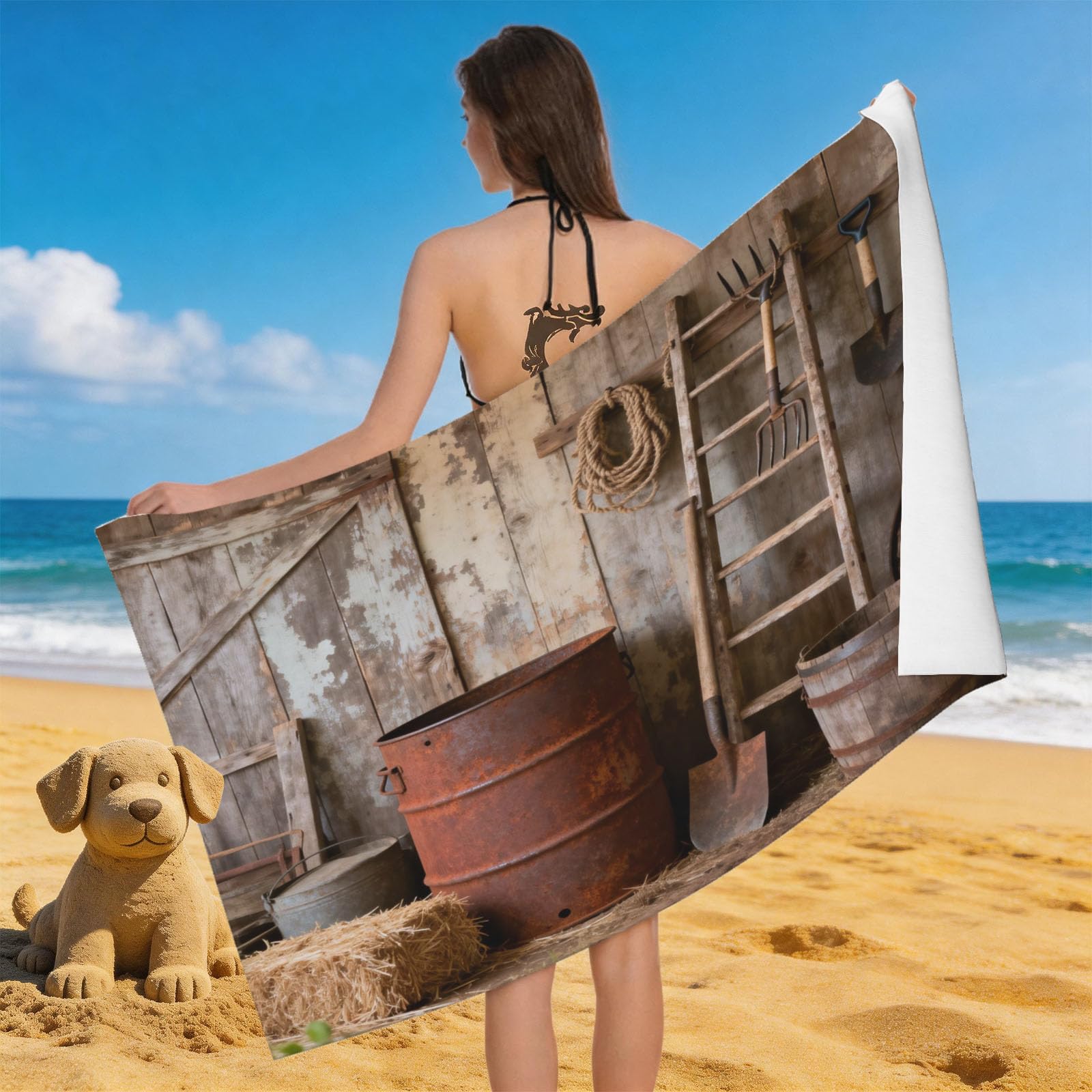 Leichong 3D Country Look Beach Towel Microfiber Soft Quick Dry for Adults, Retro Styled Bath Towel Lightweight Soft Absorbent for Travel Swimming Pool Sports, 75 x 150 cm