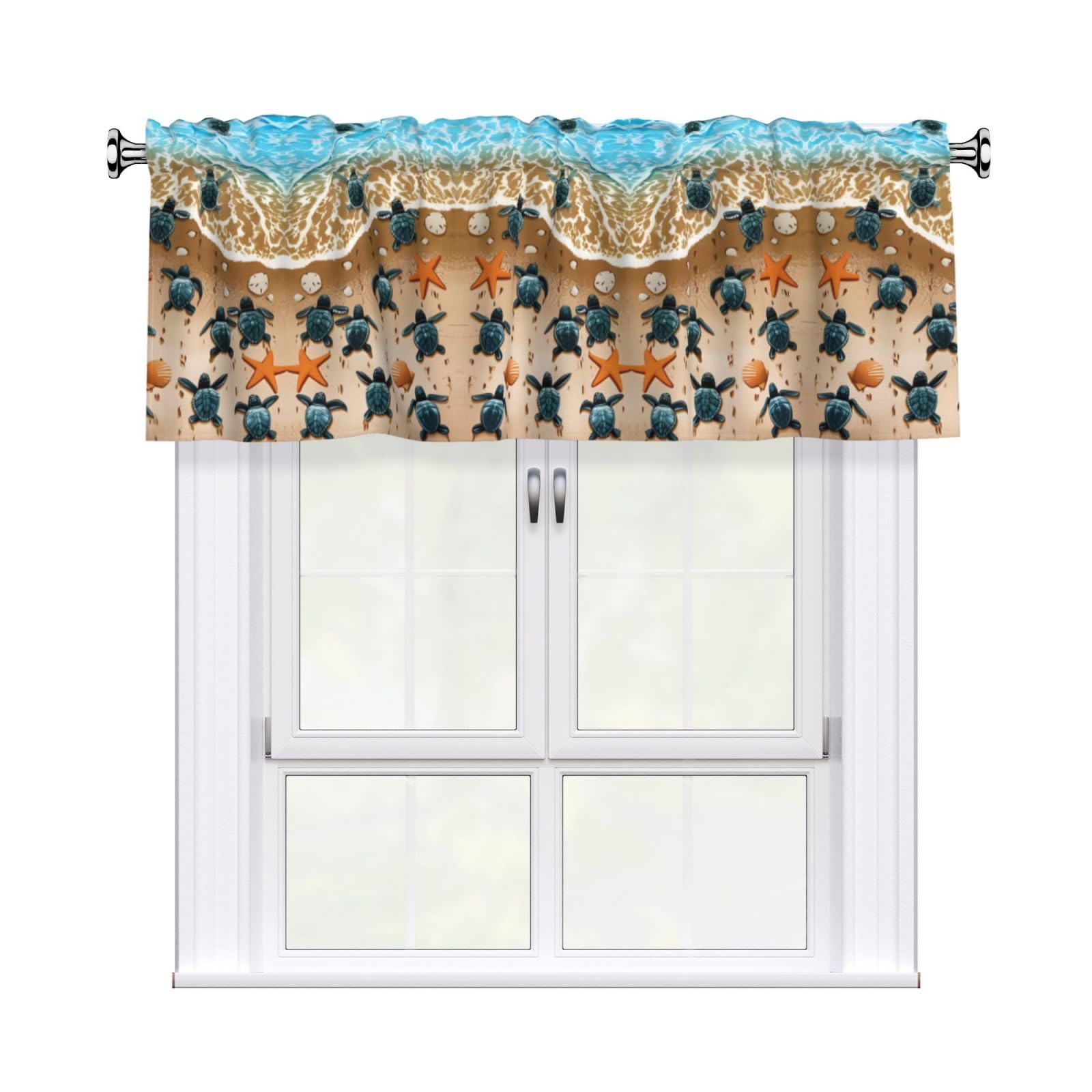 WHJSHOP Turtle crawling on the beach Prints Curtain Valance 54x18in - Peach Skin Kitchen Window Layer, Filtered Light & Quick-Install Rod Pocket Cover