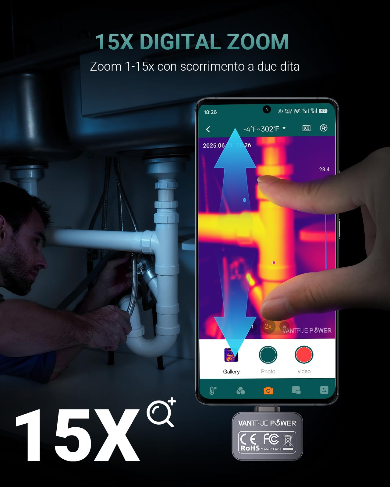 TS1 | Telecamera termica per Android, fotocamera a infrarossi con risoluzione super 512×384, fotocamera a infrarossi con USB-C, da -20°C a 550°C, ispezione domestica 15x Zoom