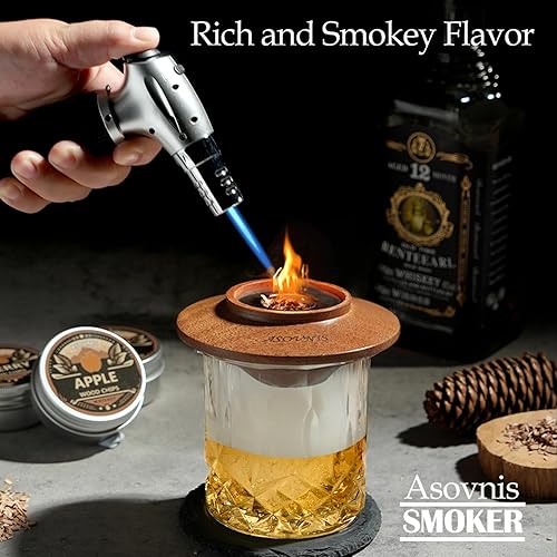 Miniatura 2 de Kit ahumador para whisky con antorcha - 6 sabores de astillas de madera, 2 vasos, 6 piedras para whisky, kit infusor para ahumar cócteles, kit