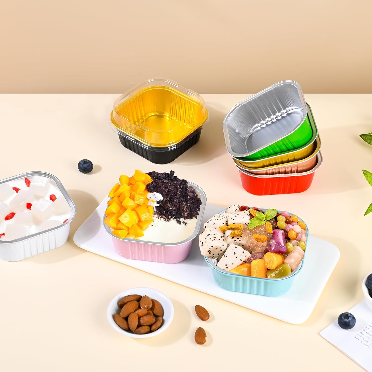 40 Pack Mini Cake Pans with Lids, 5oz Square Aluminum Foil Brownie Baking Cups, Muffin Tin Ramekins, Disposable Dessert Cupcake Cups for Wedding Birthday Party, Gold