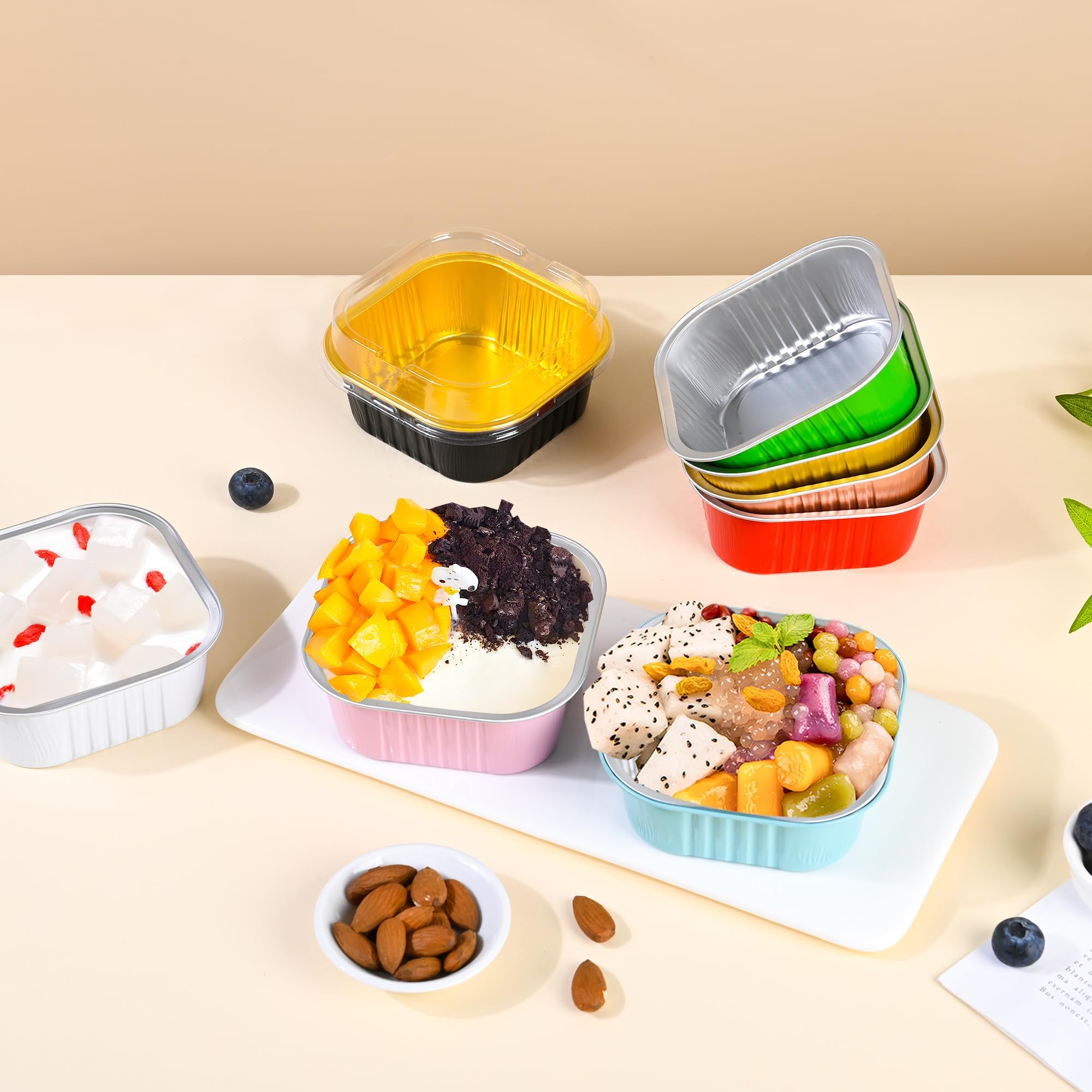 Paquete de 40 mini moldes para tartas con tapas, vasos cuadrados de aluminio de 5 onzas para hornear brownies, moldes de molde para magdalenas, moldes desechables para cupcakes de postre para bodas,
