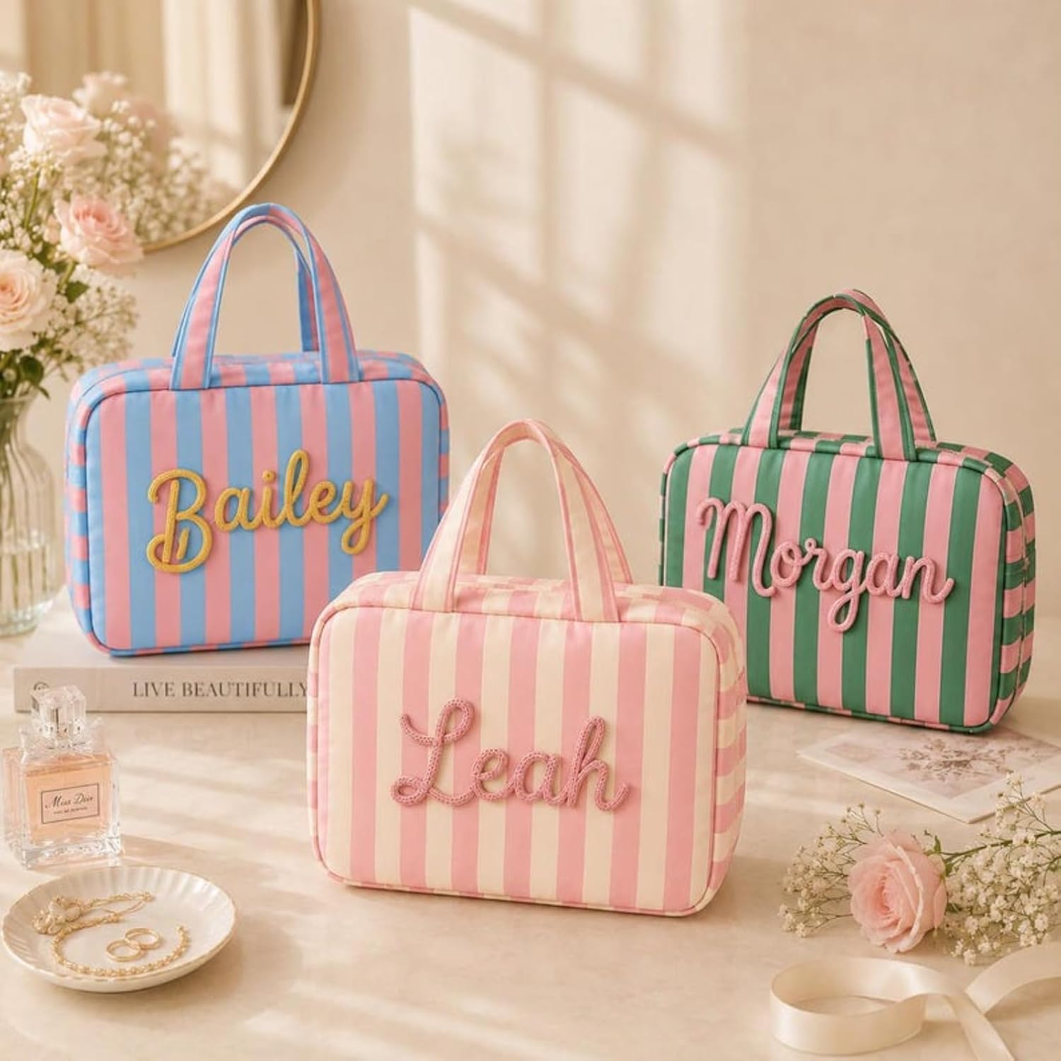 Custom Striped Makeup Bags,Personalized Hanging Toiletry Bag,Teacher Gifts (No Custom) image 3