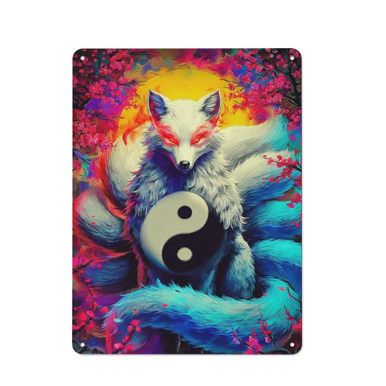 Junmoney Yin-Yang Fox In Blossom Harmony Vintage Metal Gift Sign 40X30cm, Home Wall Decor For Bedroom, Kitchen, Office Or Living Room