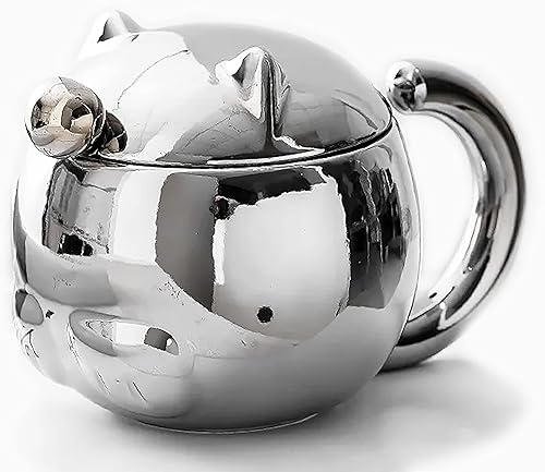 Mazeology Taza escultural 3D de plata para café y gato con cola como asa, tapa superior de la cabeza y cuchara como nariz es un gran regalo para los
