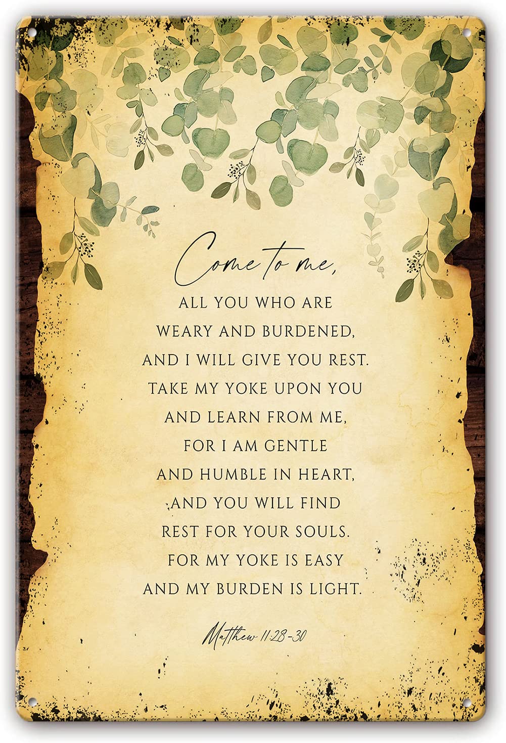 Preeklen Tin Sign 046 Matthew 11 28-30 Metal Tin Sign Bible Verse Wall Art Religious Signs Scripture Watercolor Christian Home Decorations For Living Room Wall Artwork Pictures Metal Poster 12X16 Inch