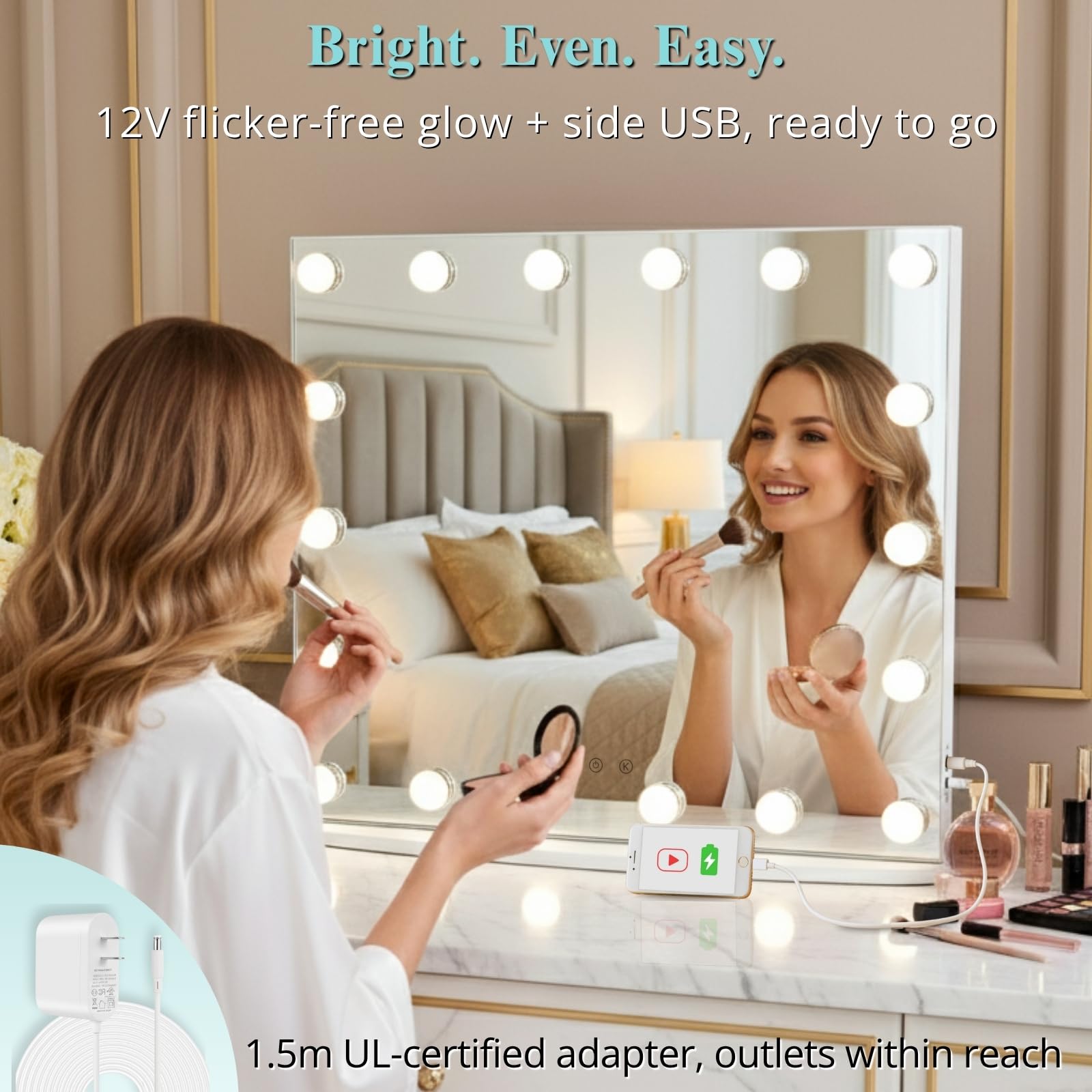 LUXFURNI Hollywood‑Schminkspiegel mit LED‑Licht, 60 × 52 cm | 18 LED‑Leuchten, 360° schattenfreie Beleuchtung, 3 Lichtmodi, USB‑Laden, Tisch‑& Wandmontage für Schlaf‑& Schreibtische
