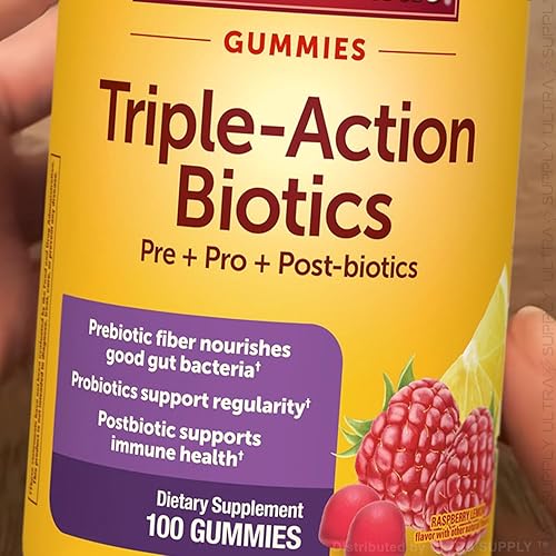 Nature_Mades - Gomitas de triple acción Biotics (100 unidades)  Mezcla pre+ Pro + postbiótica con fibra y probióticos, sabor a frambuesa y limón