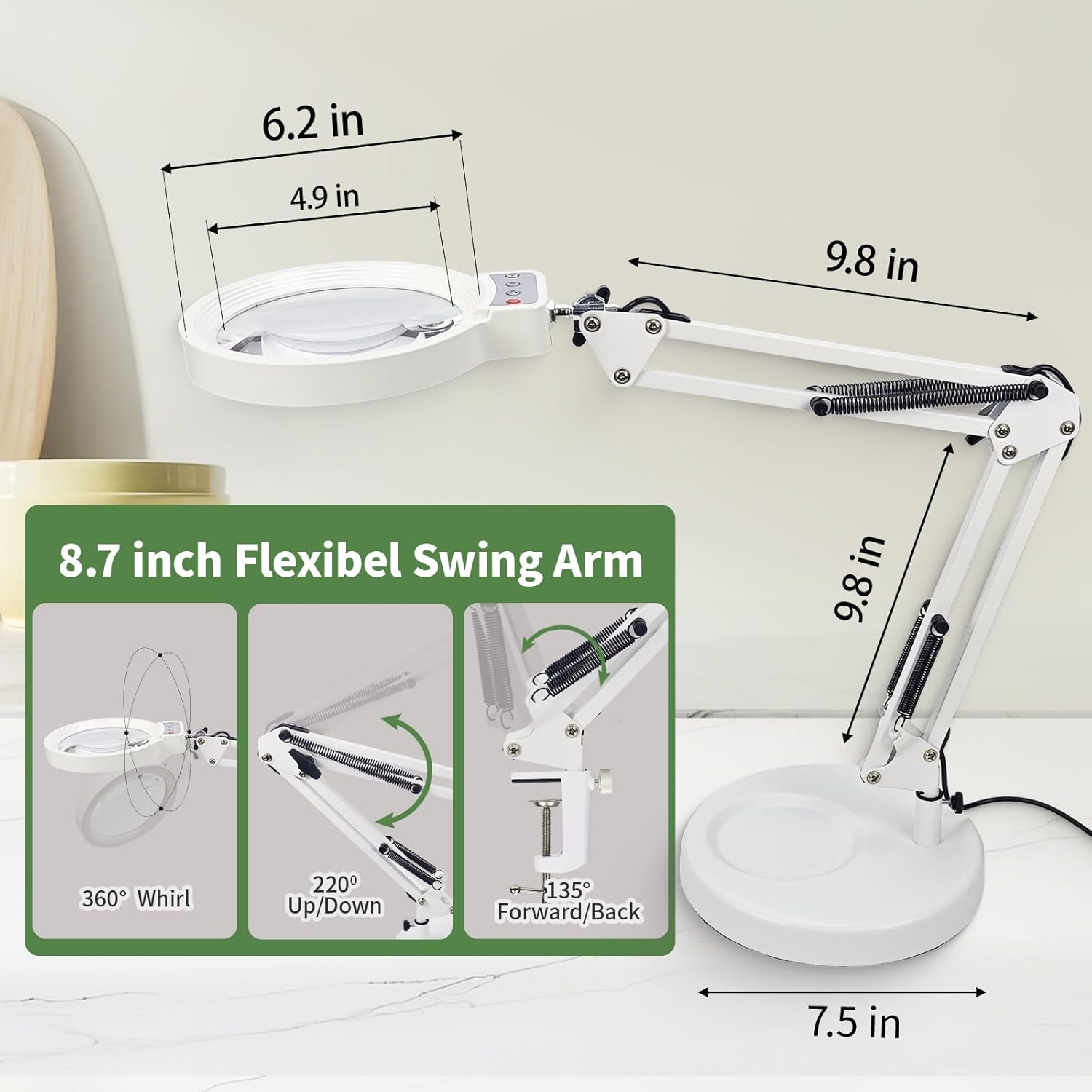 10X/20XMagnifying Glass with Light and Stand, LED Desk Magnifying lamp with Base and Clamp, 3 Color Mode, 10 Dimmable Levels Desktop Magnifier, Hands Free for Reading Jewelry Sewing Close Work(White)