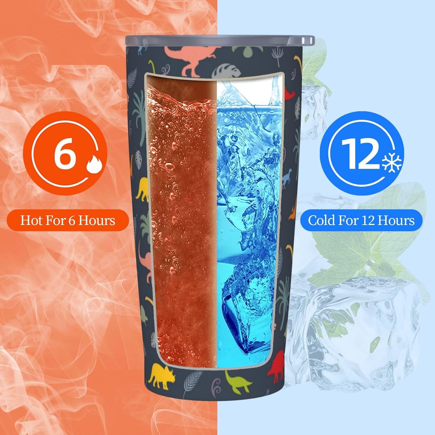 Dinosaur 20oz Tumbler with Lid and Straw for Women Men, Cute Dinosaur Insulated Mug Colorful Cartoon Dino Animals Plants Stainless Steel Tumbler Double Wall Vacuum Travel Mug Coffee Cup - Image 6