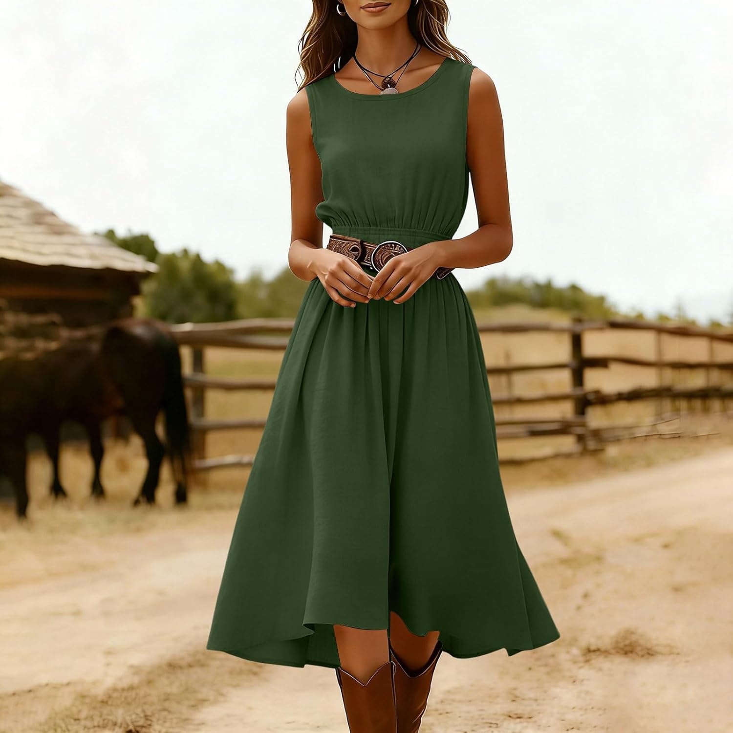 Linen Midi Dress for Women Round Neck Sleeveless Elastic Waist Dress Vintage Western Country Dresses