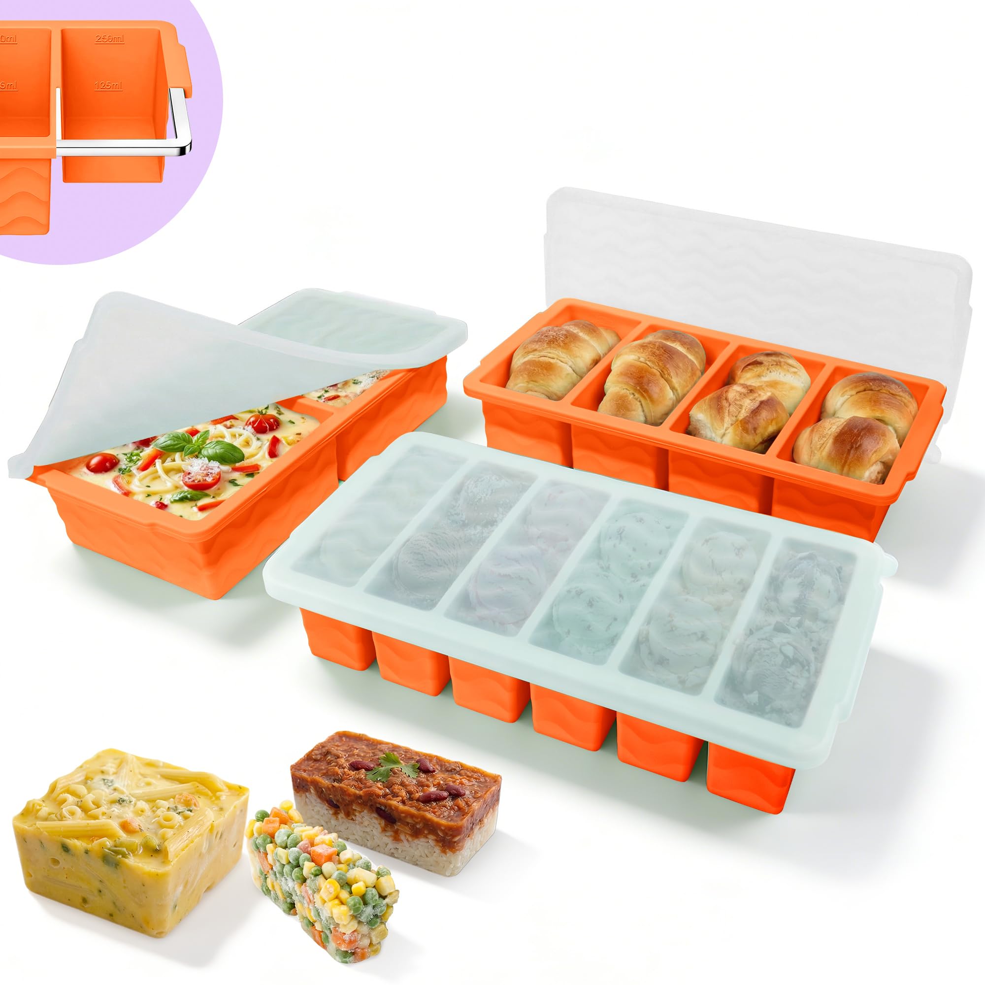 SamahCo 3-Pack Silicone Freezer Moulds with Lid & Steel Frame, Soup Freezer Tray for Meal Prep and Batch Cooking, BPA Free Food Grade Silicone Soup Containers, LFGB Compliant (2&4&6 Cavity, Orange)