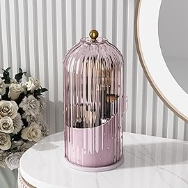 GAXmi Makeup Brush Holder with Lid Cosmetic Tools Organizer 360 Rotating Waterproof Dustproof Beauty Brushes Storage for Vanity, Pink-Purple