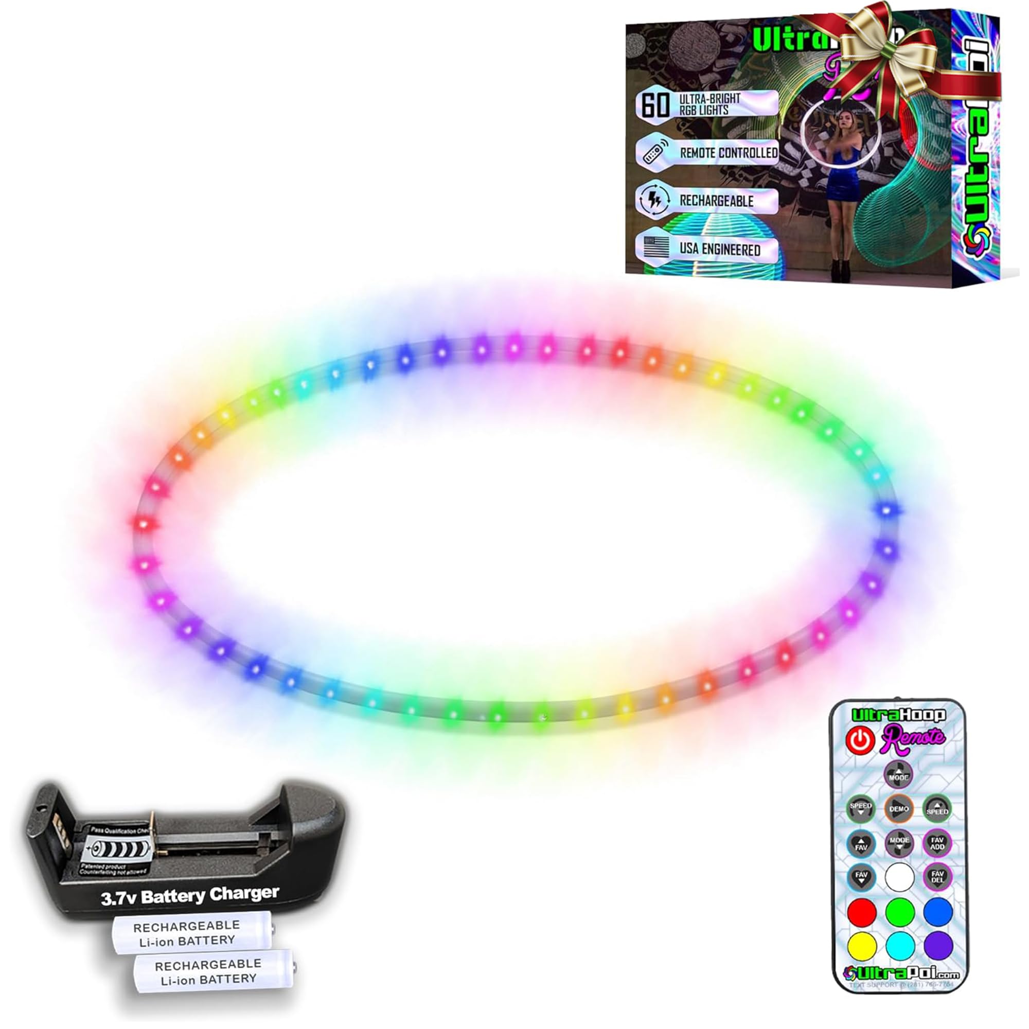 UltraHoop Remote LED Hoop - Wireless Control 60 Color Changing LED Lights w/ 300+ Modes & Patterns - Rechargeable Battery, HDPE Collapsible, Advanced to Beginner Hoola Hoops - 36” x 3/4" OD - UltraPoi